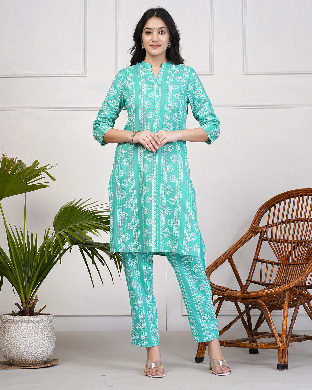 Ocean Green With Block Printed Rayon Kurti Set