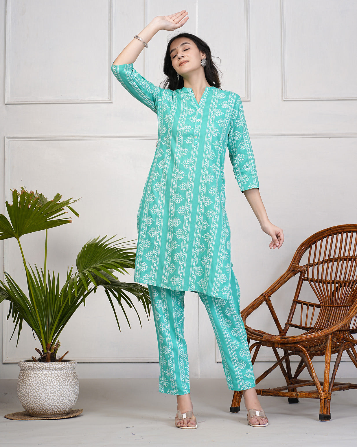 Green With Block Printed Rayon Kurti Set