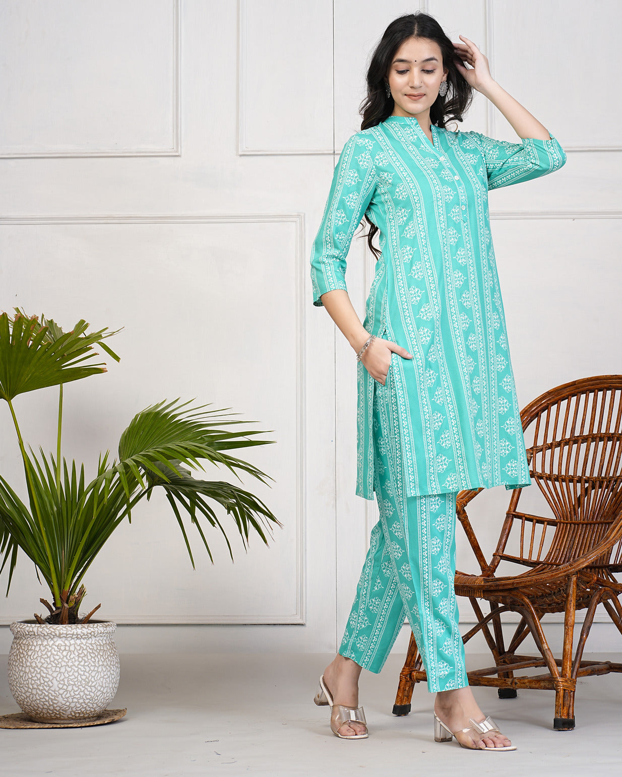 Green With Block Printed Rayon Kurti Set