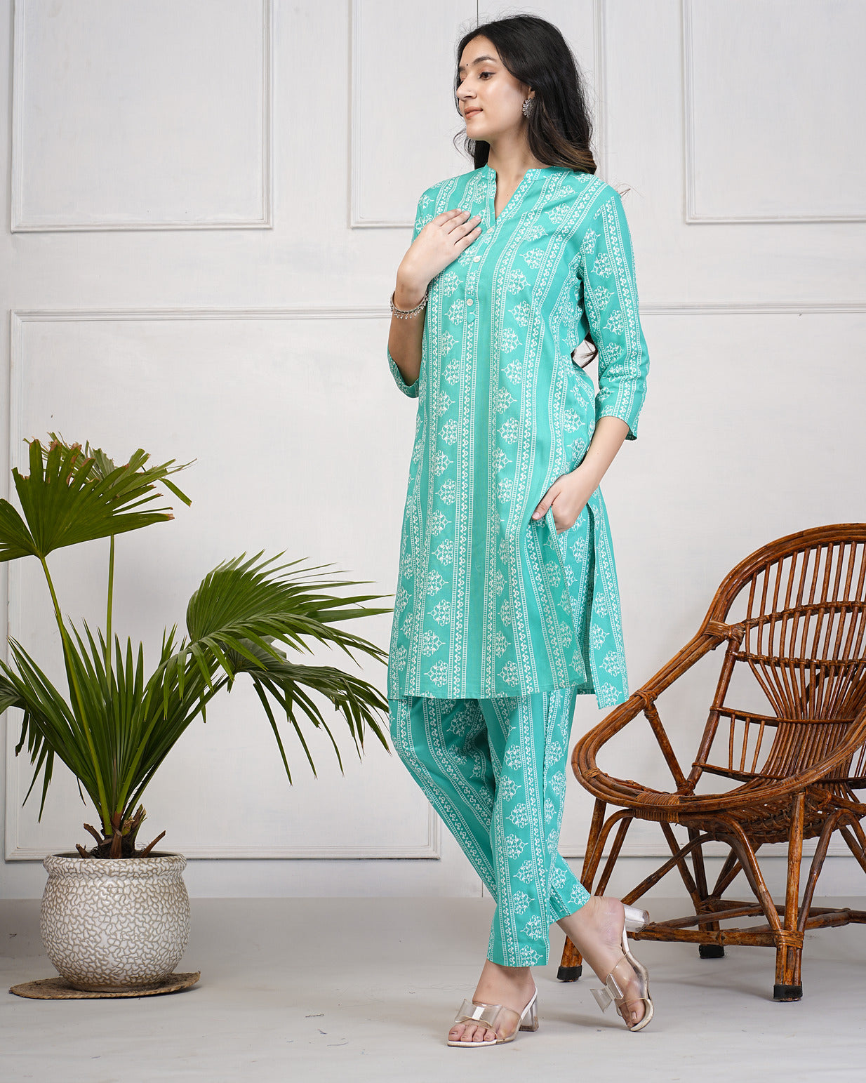 Green With Block Printed Rayon Kurti Set