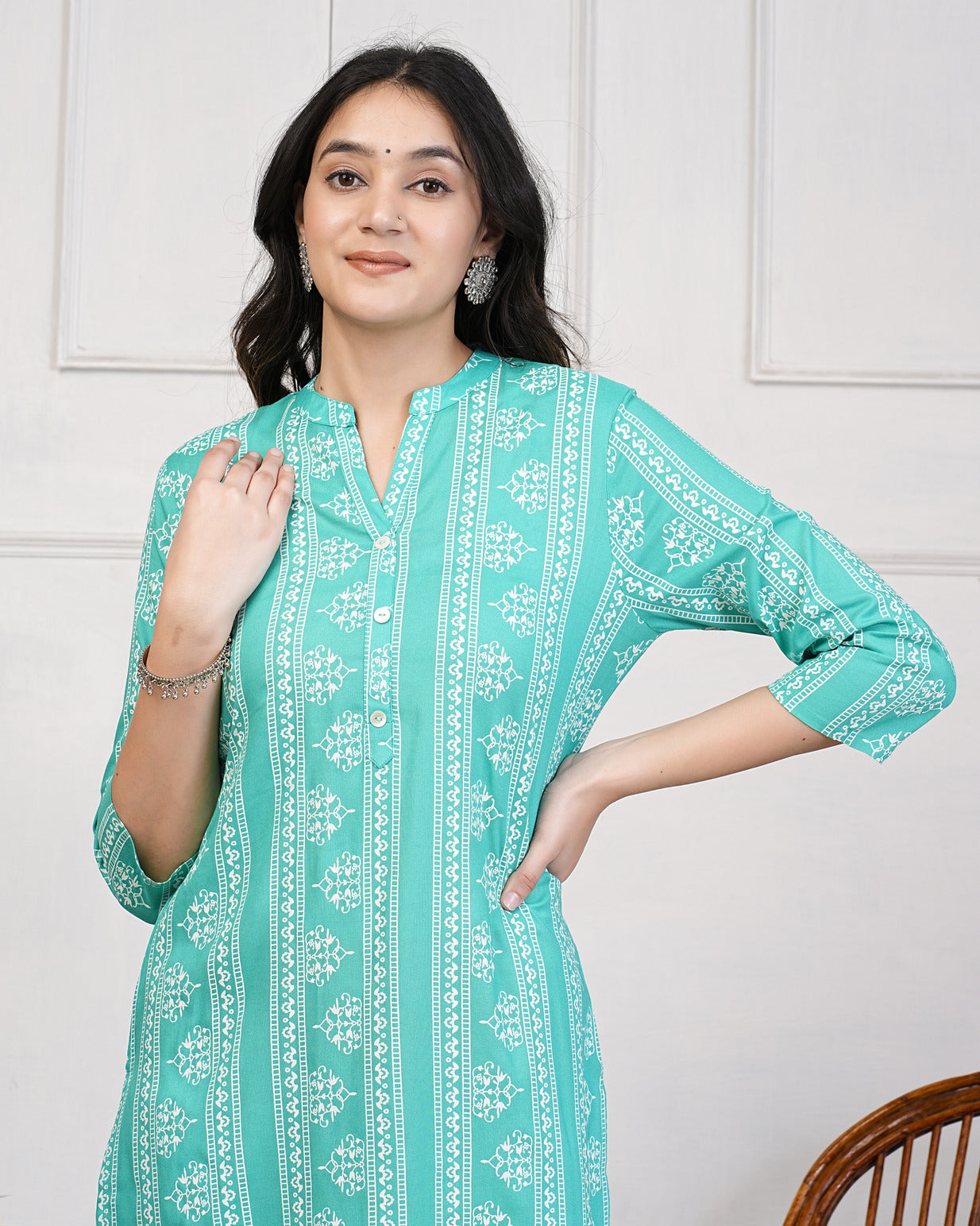 Ocean Green With Block Printed Rayon Kurti Set