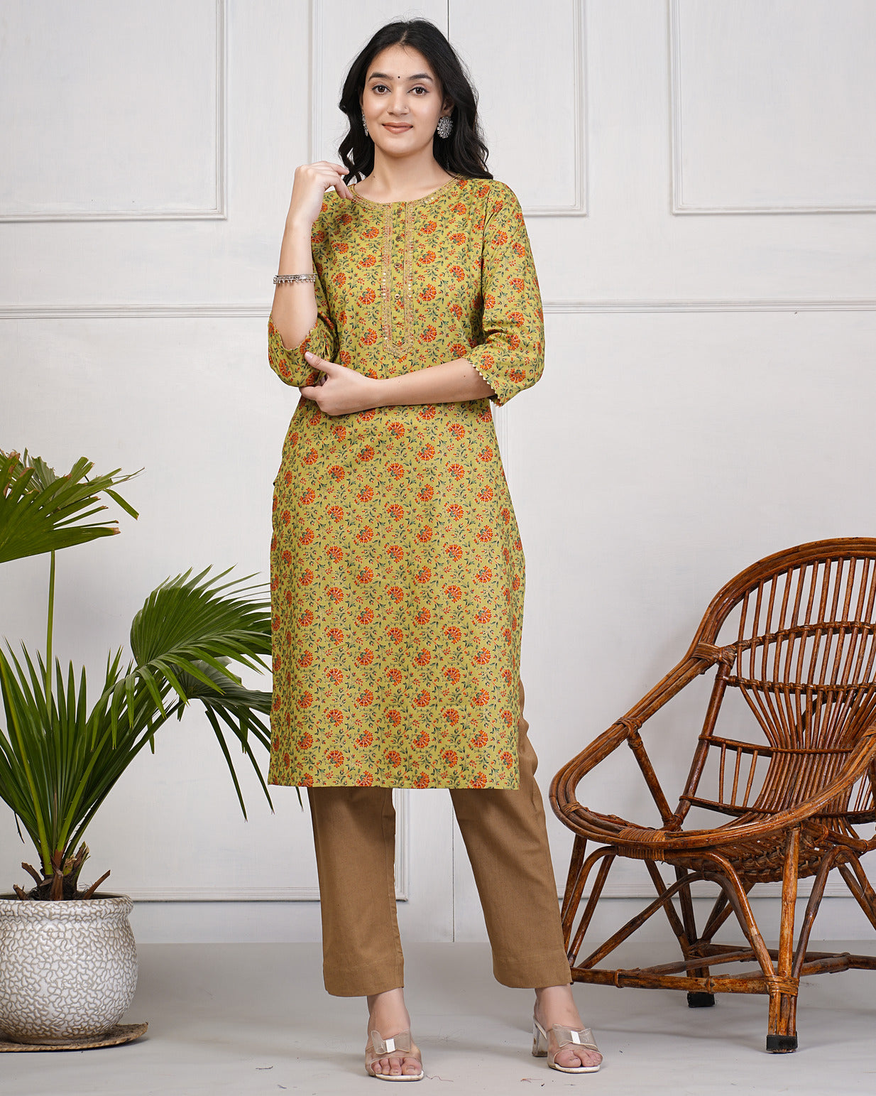 Green Floral Print with Gold Embroidery Cotton Kurti