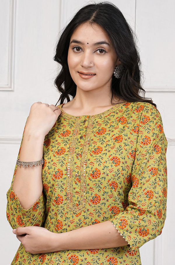 Green Floral Print with Gold Embroidery Cotton Kurti