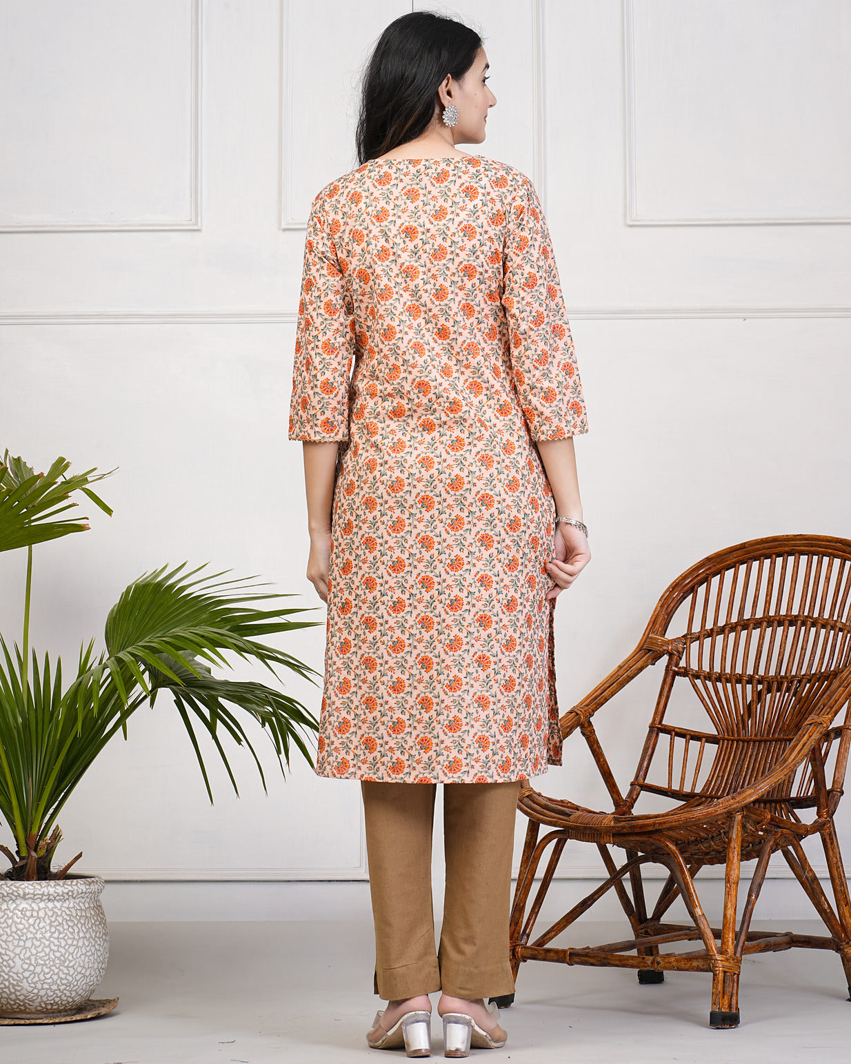 Peach Floral Print with Gold Embroidery Cotton Kurti