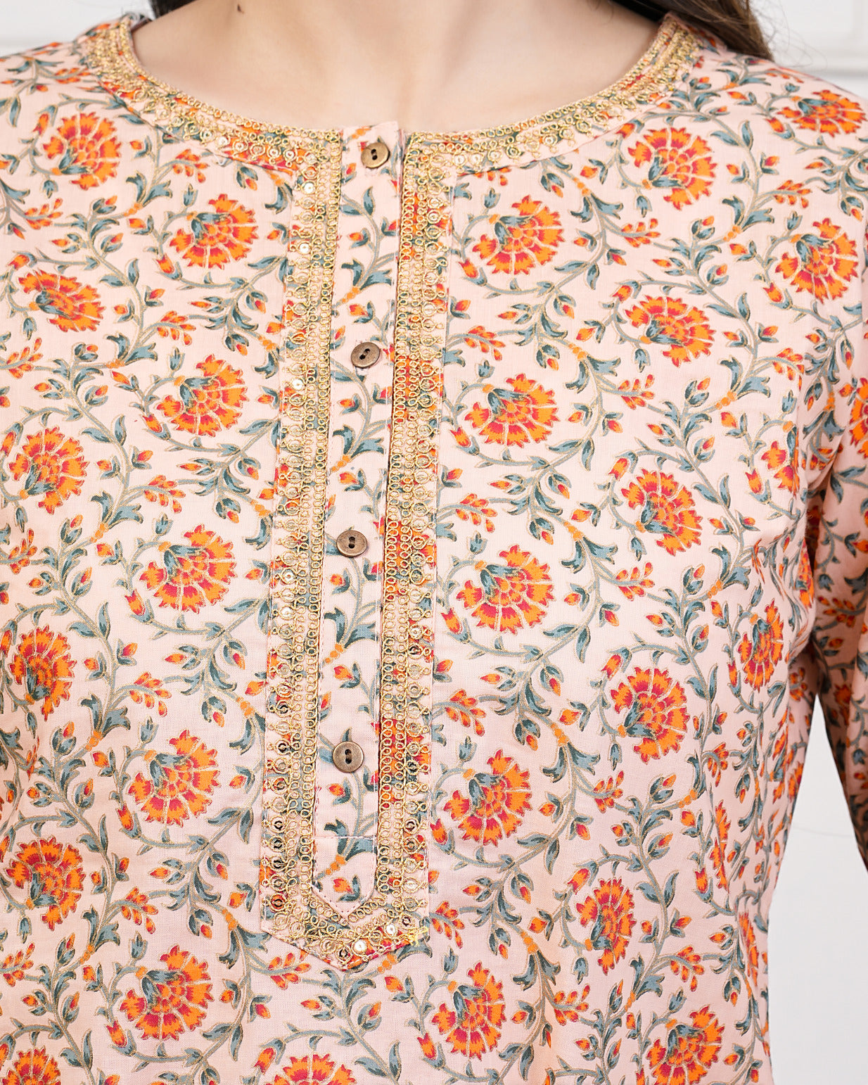 Peach Floral Print with Gold Embroidery Cotton Kurti