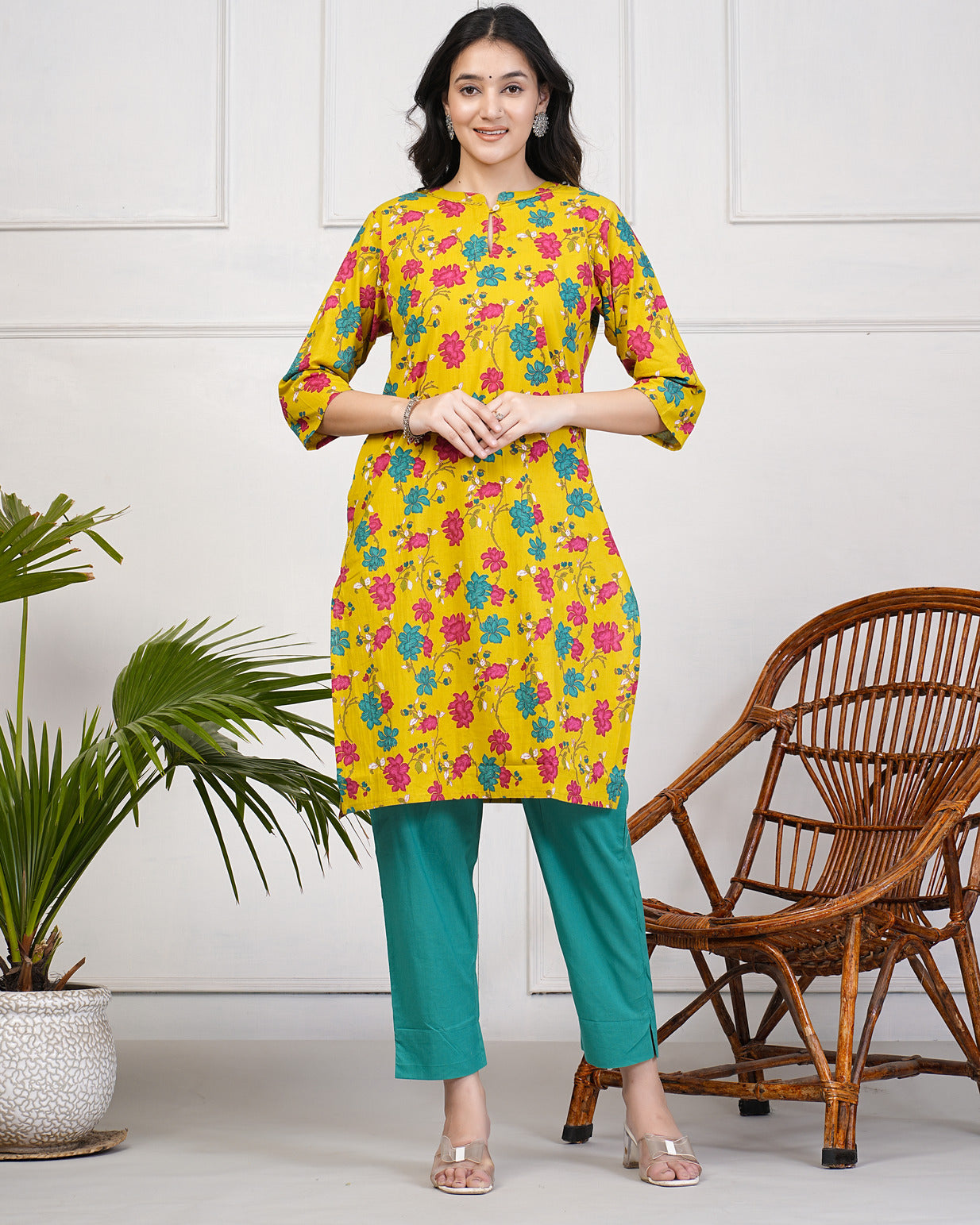 Yellow With Multicolor Floral Print Cotton Kurti