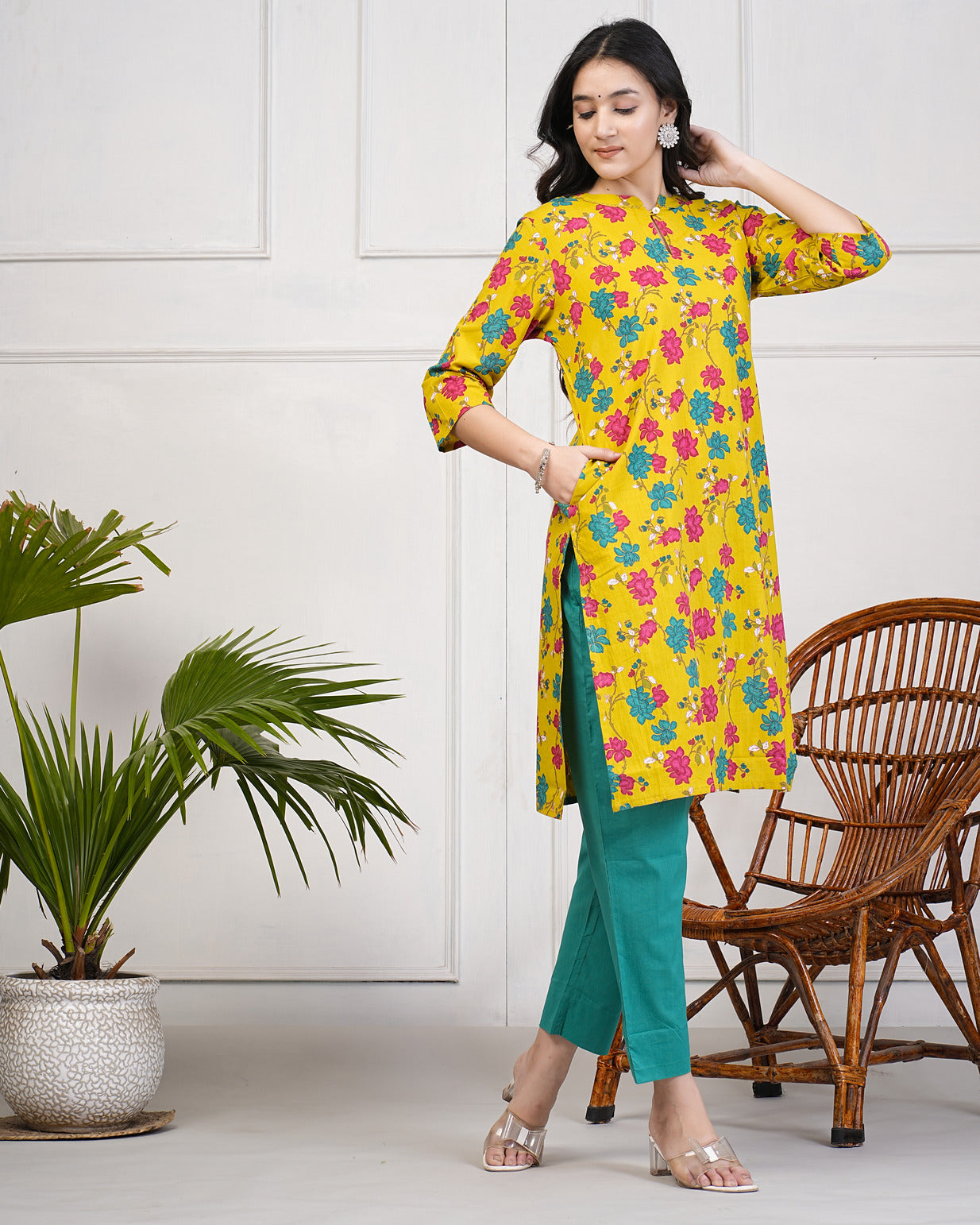 Yellow With Multicolor Floral Print Cotton Kurti