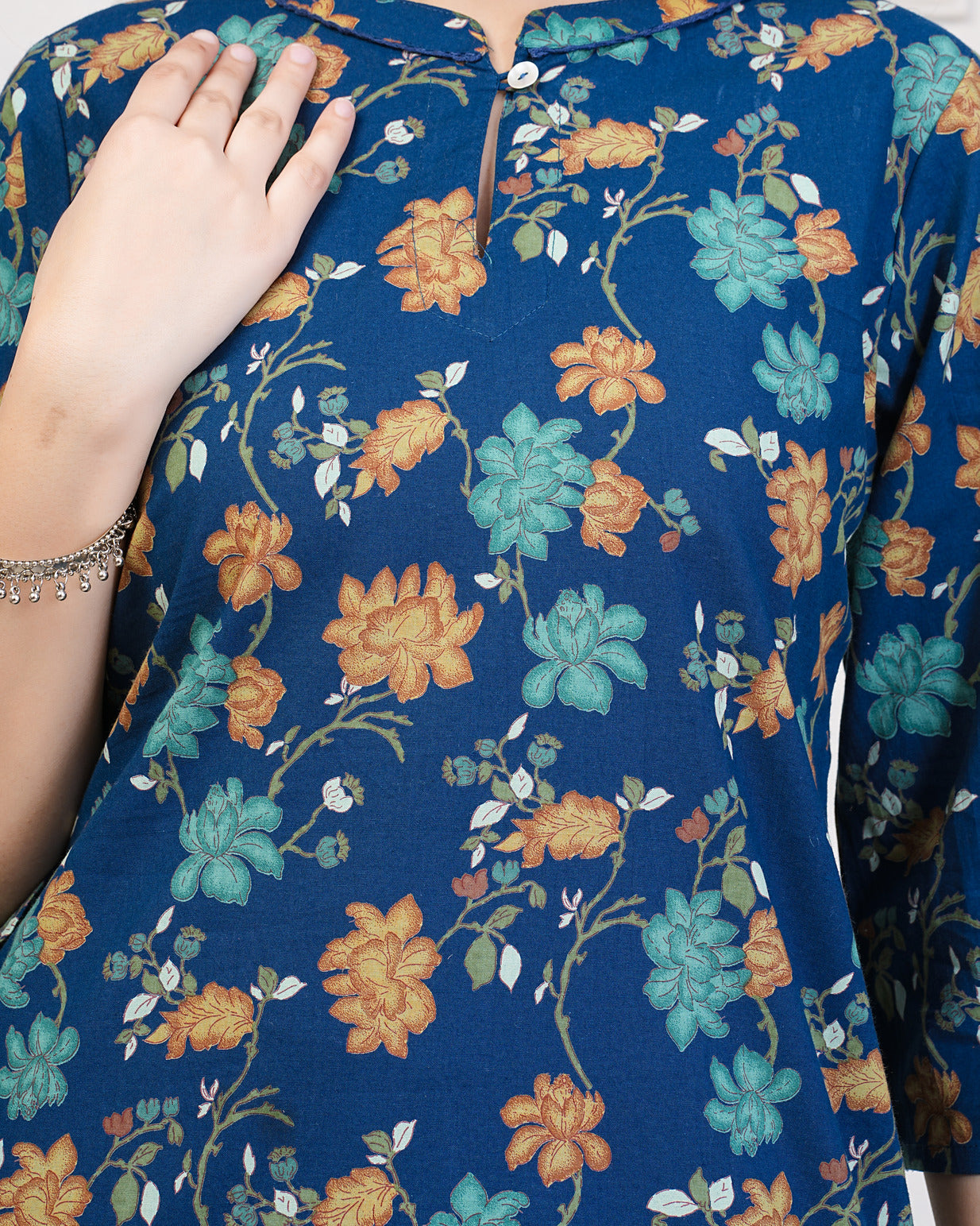 Navy Blue With Multicolor Floral Print Cotton Kurti