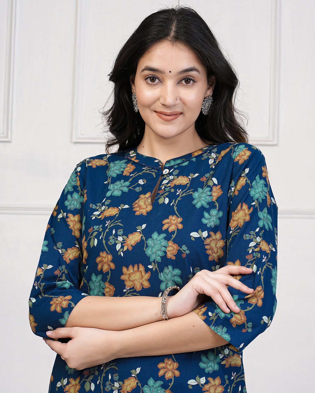 Navy Blue With Multicolor Floral Print Cotton Kurti