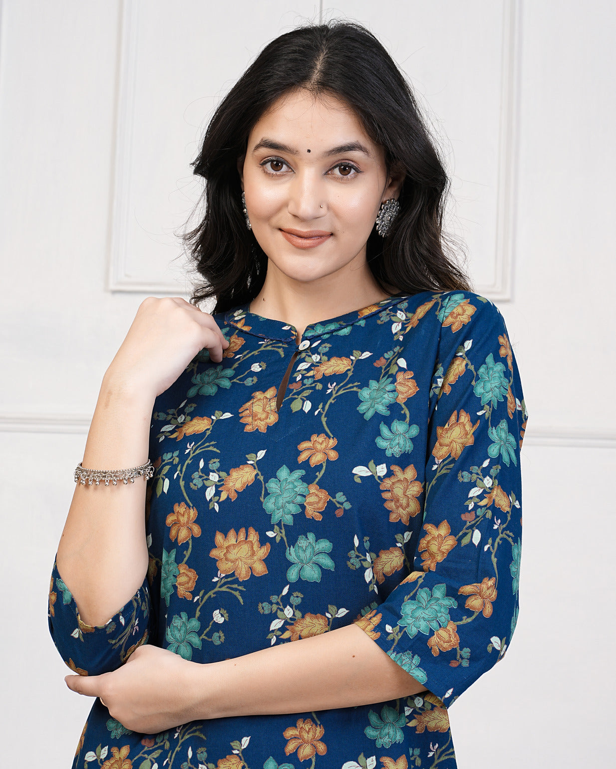 Navy Blue With Multicolor Floral Print Cotton Kurti