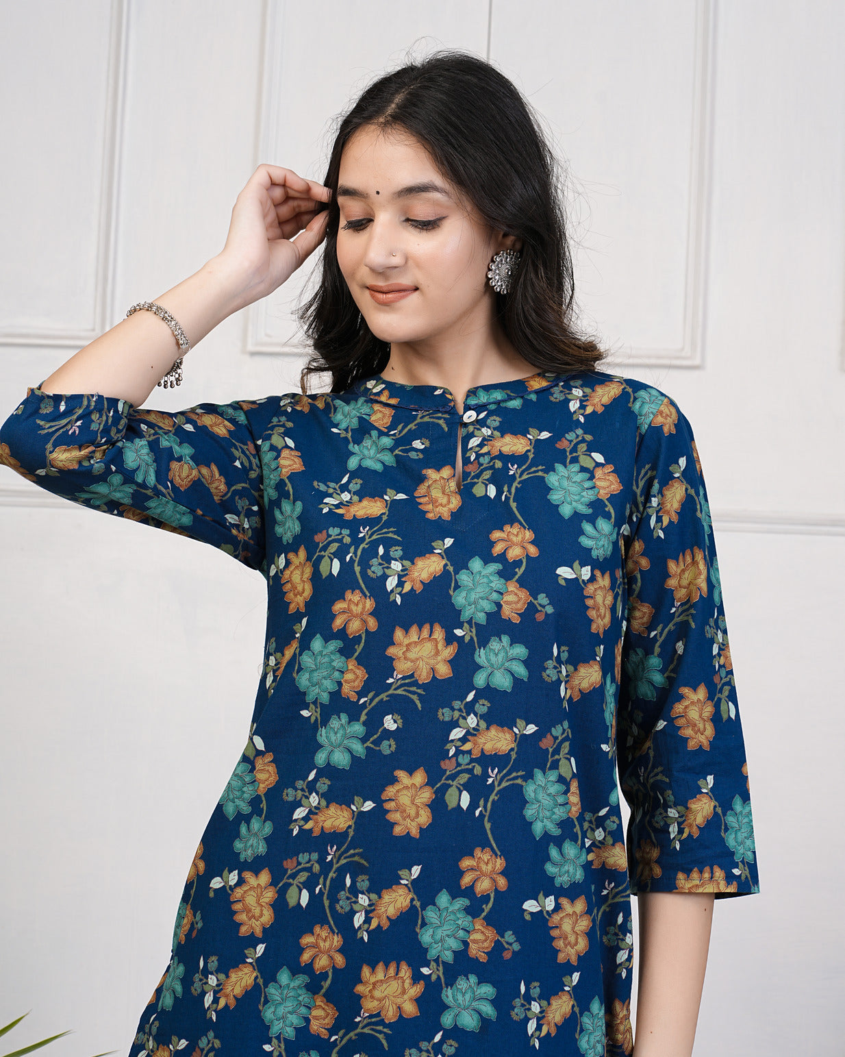 Navy Blue With Multicolor Floral Print Cotton Kurti