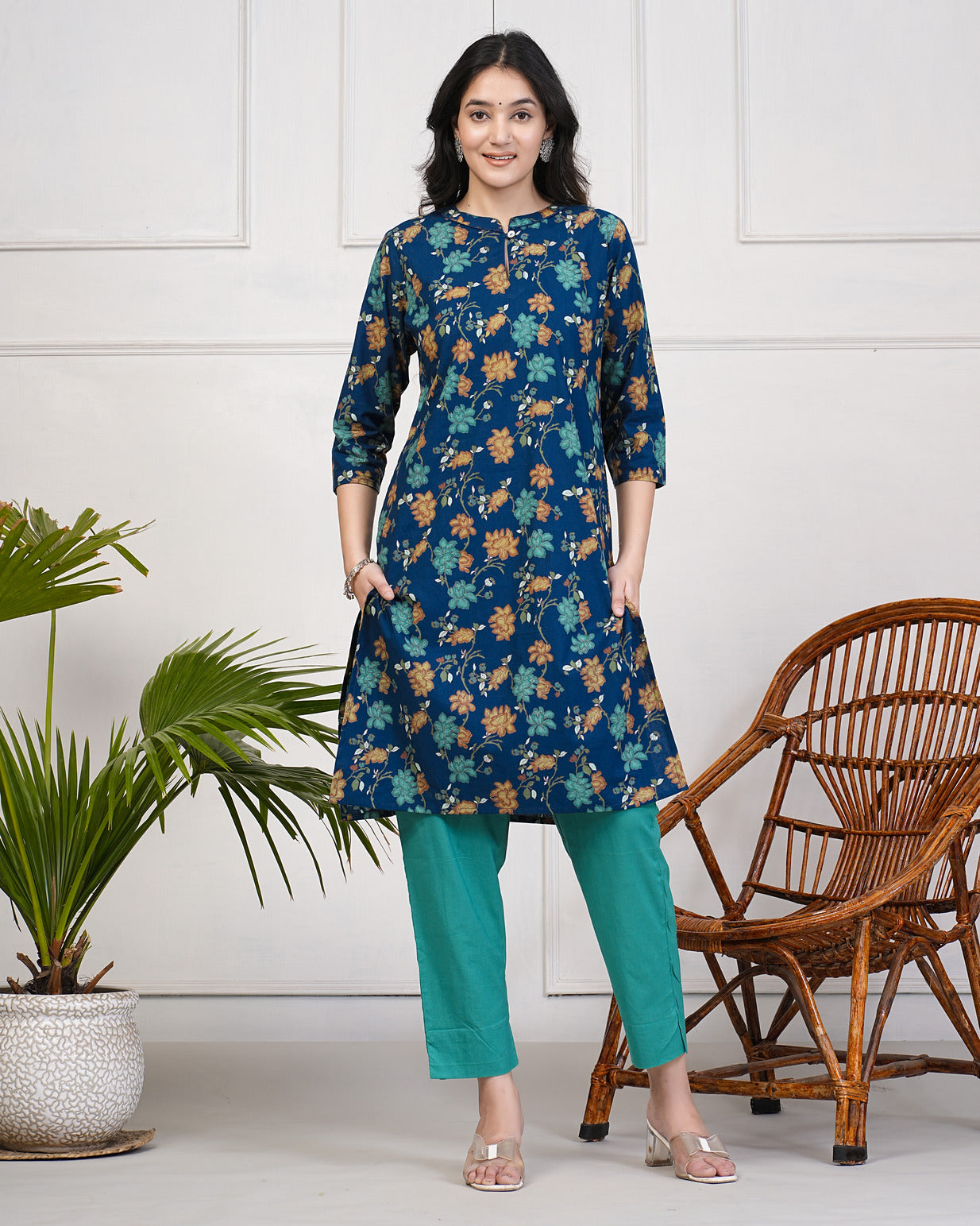 Navy Blue With Multicolor Floral Print Cotton Kurti