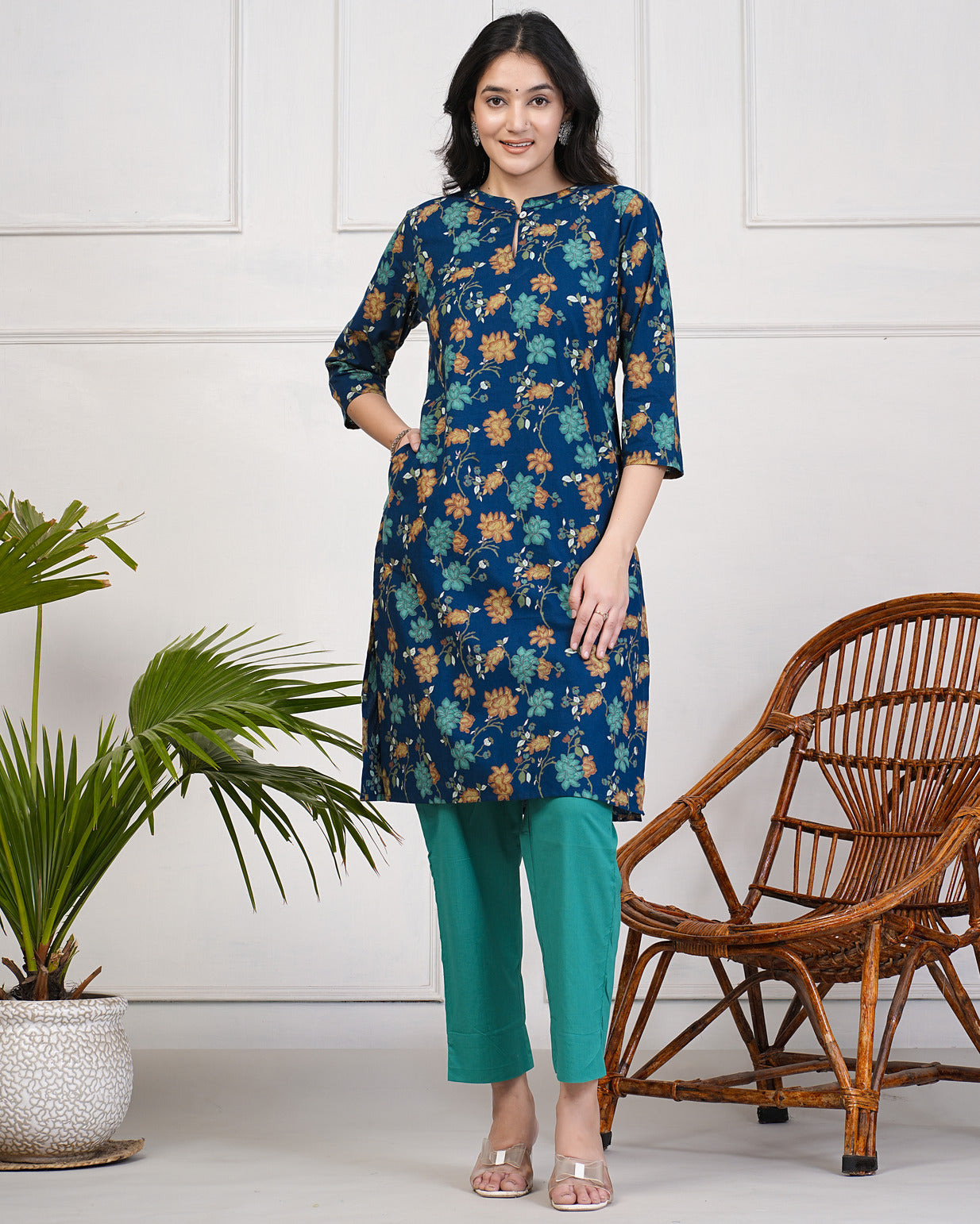 Navy Blue With Multicolor Floral Print Cotton Kurti