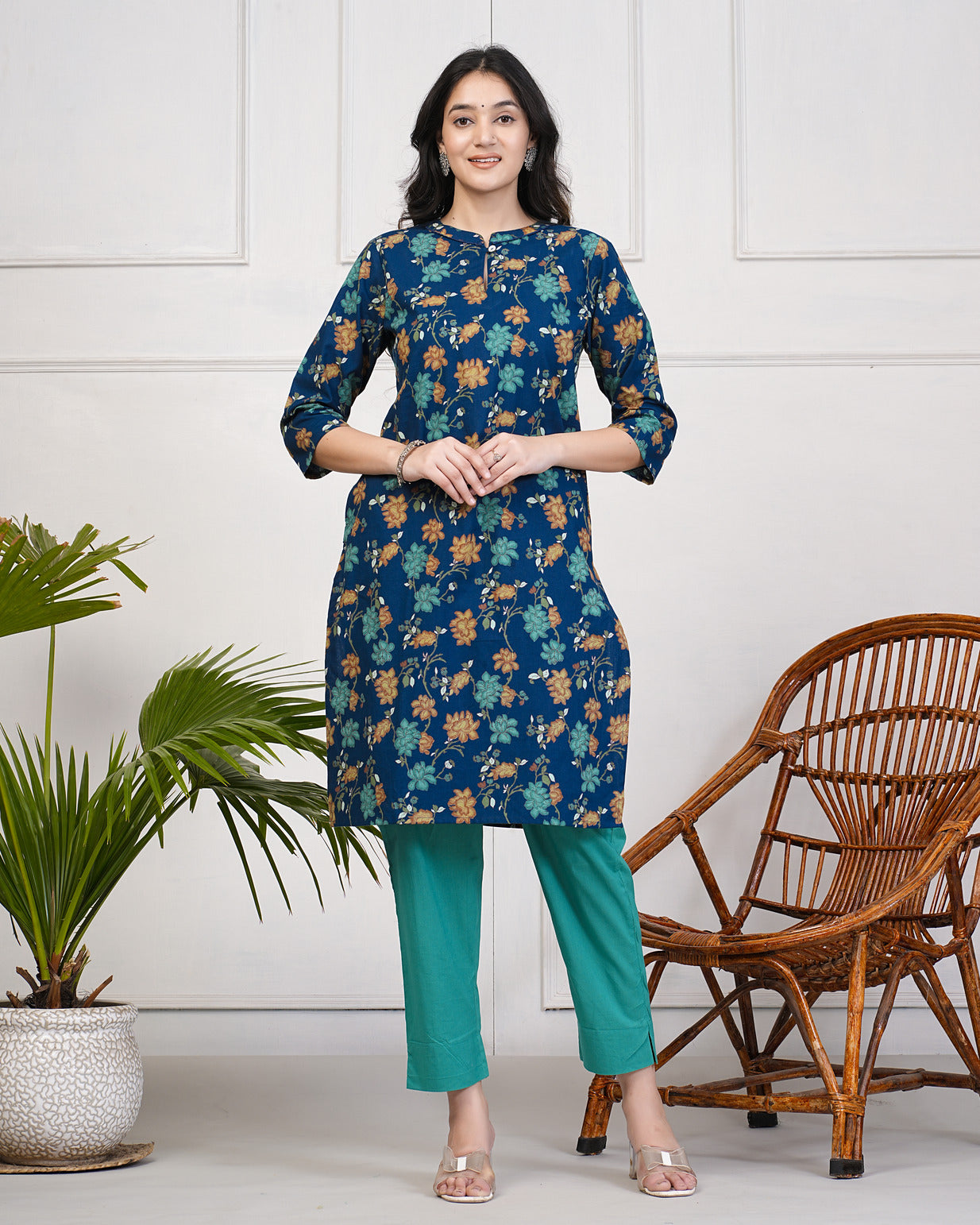 Navy Blue With Multicolor Floral Print Cotton Kurti