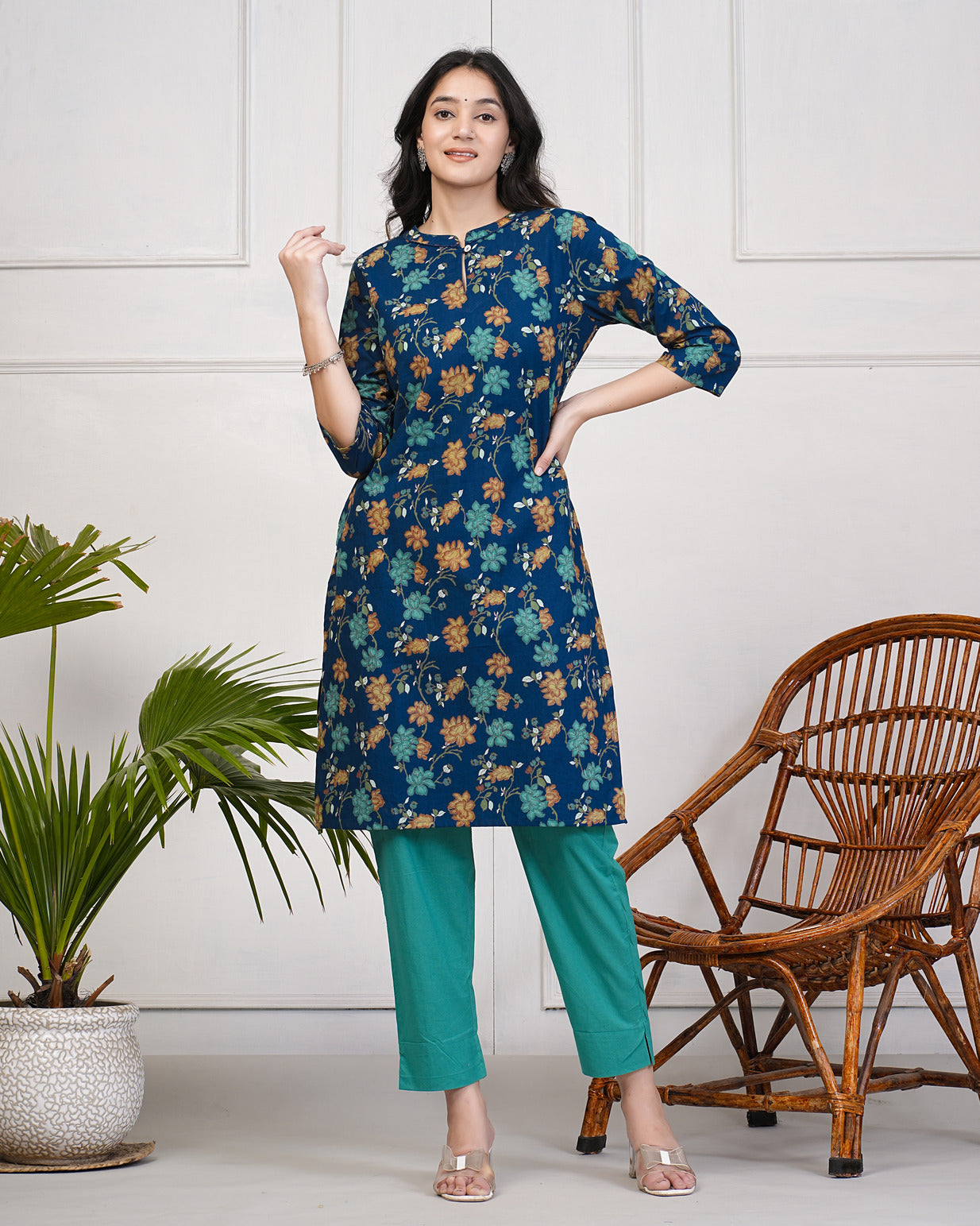 Navy Blue With Multicolor Floral Print Cotton Kurti