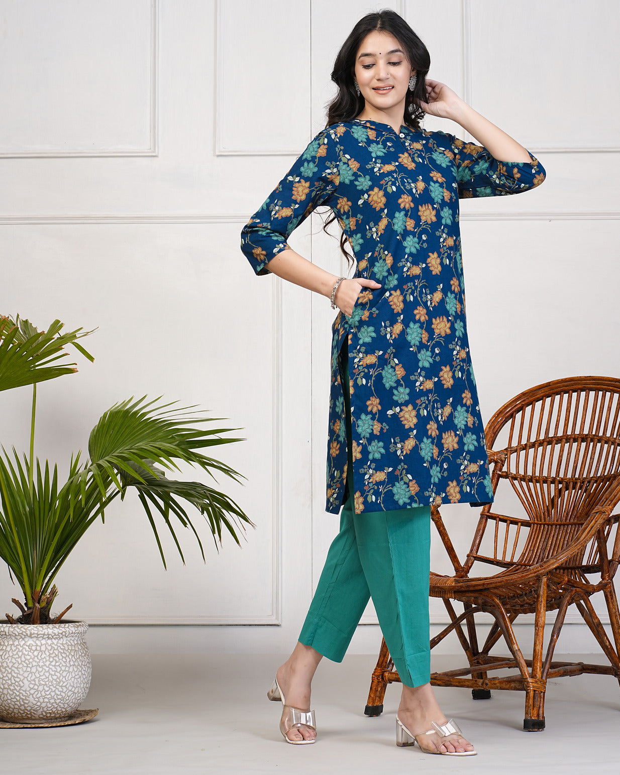 Navy Blue With Multicolor Floral Print Cotton Kurti