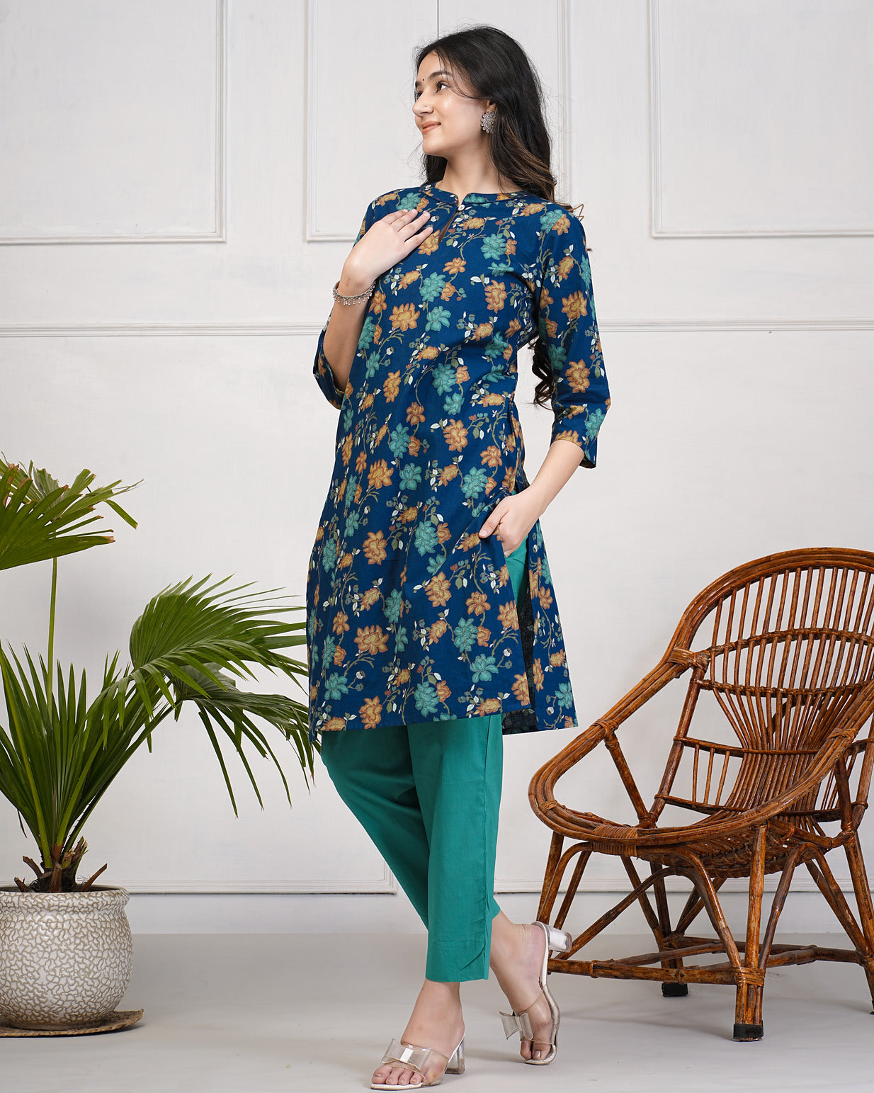 Navy Blue With Multicolor Floral Print Cotton Kurti