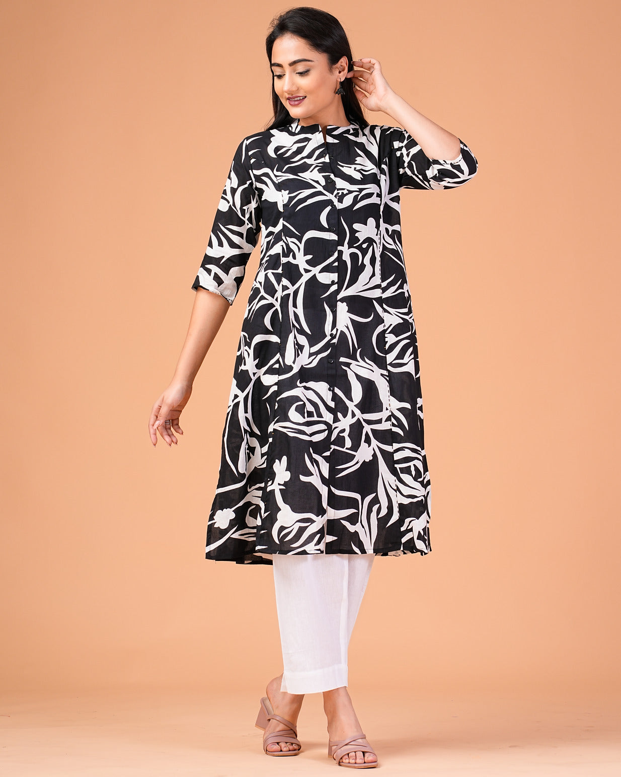 Black Floral Printed Cotton Kurti