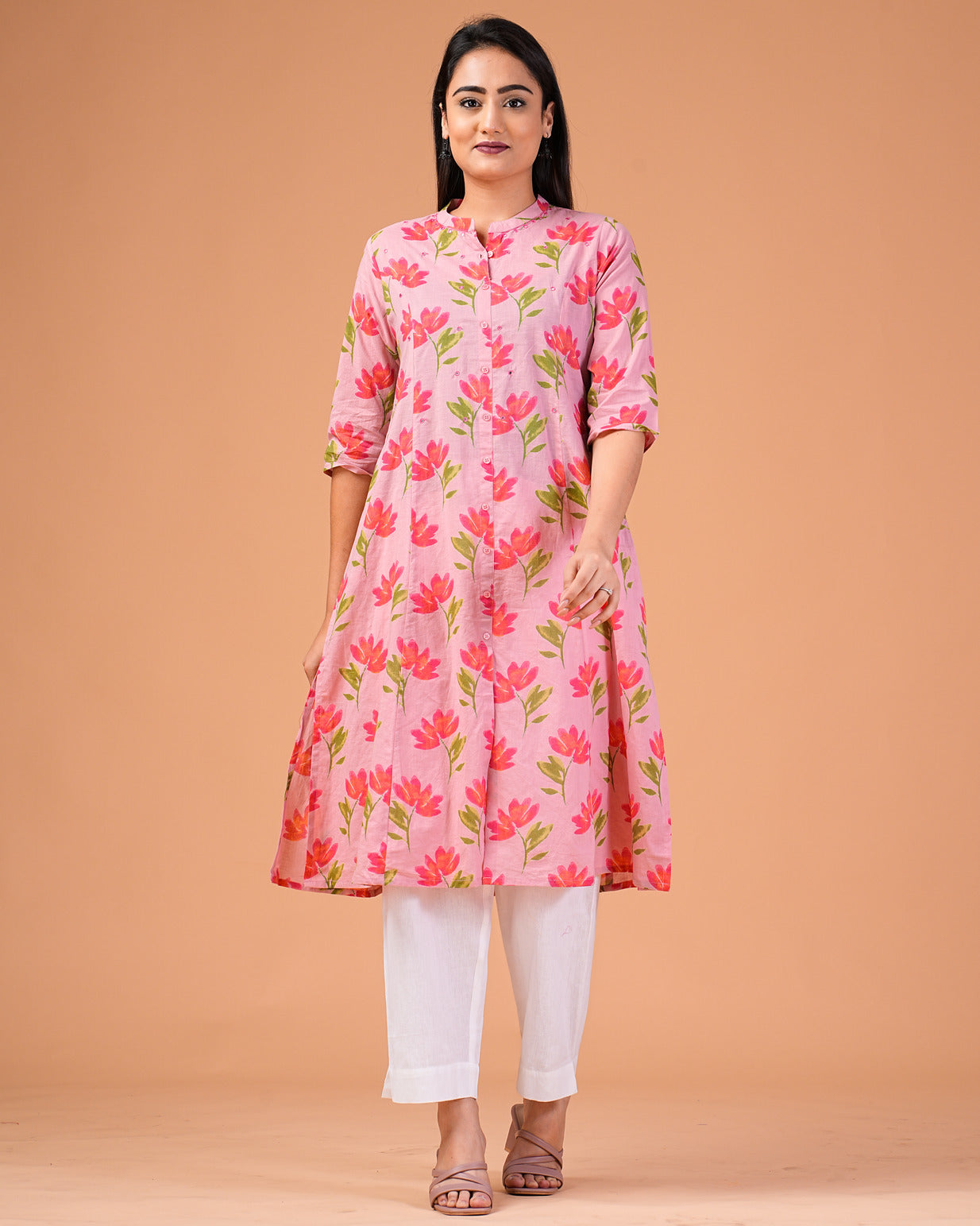 Pink Floral Printed Cotton Kurti