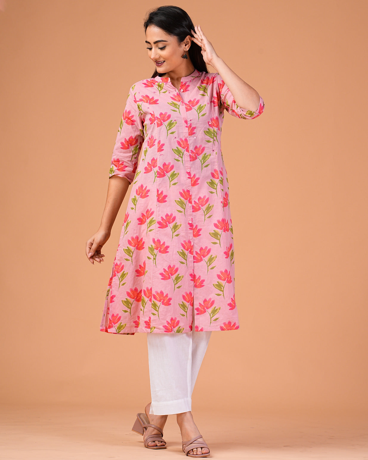 Pink Floral Printed Cotton Kurti