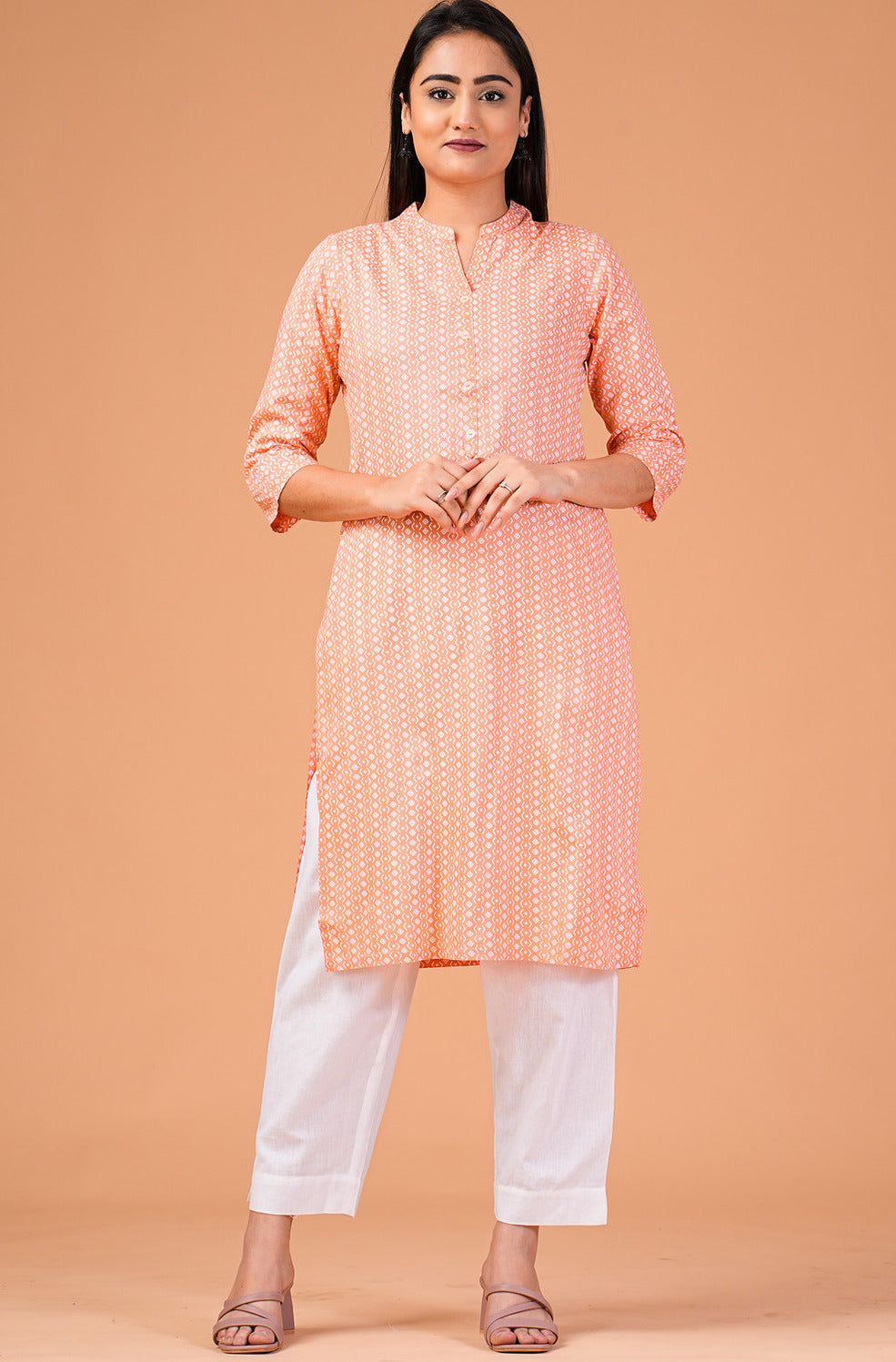 Orange Printed Rayon Kurti
