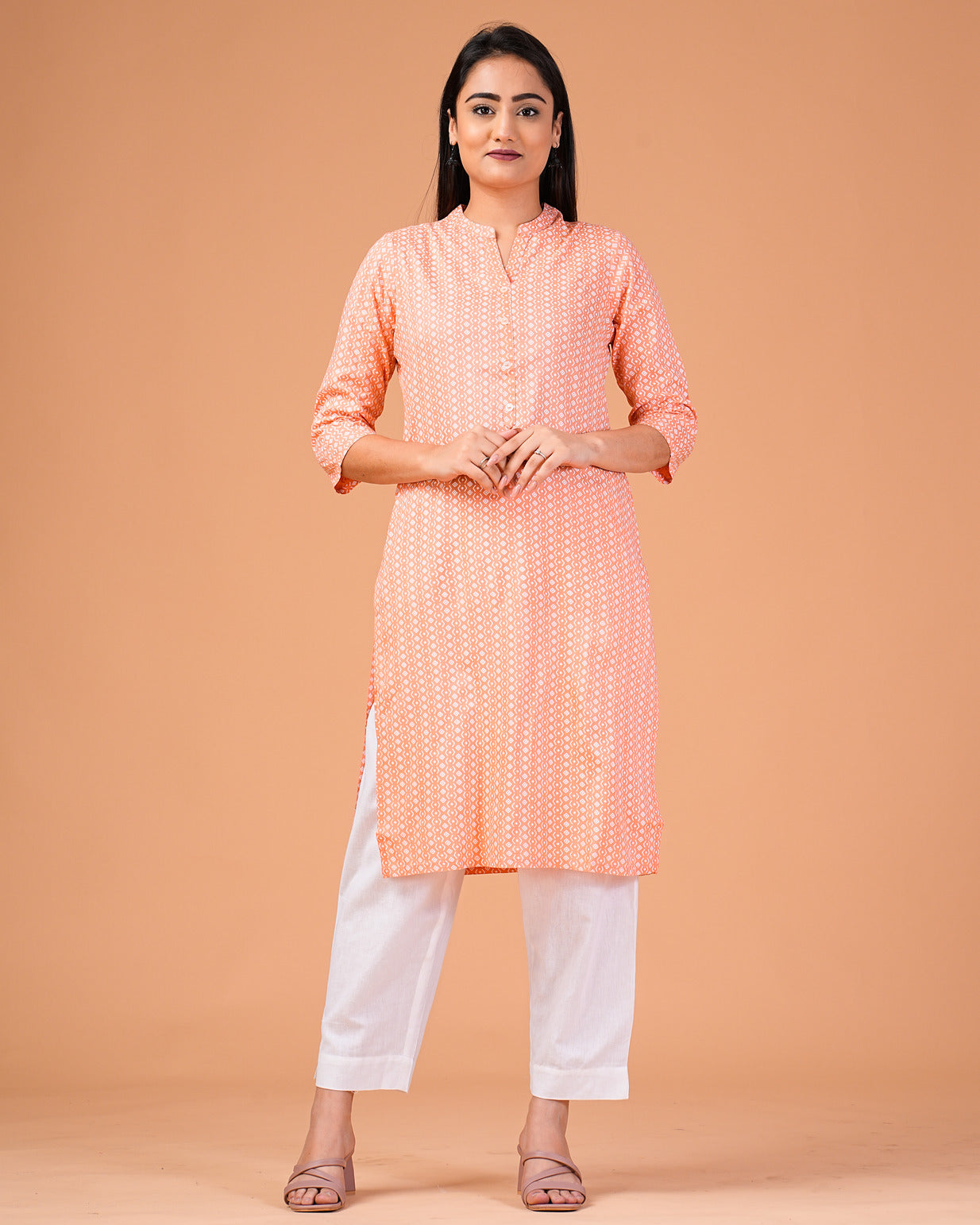 Orange Printed Rayon Kurti