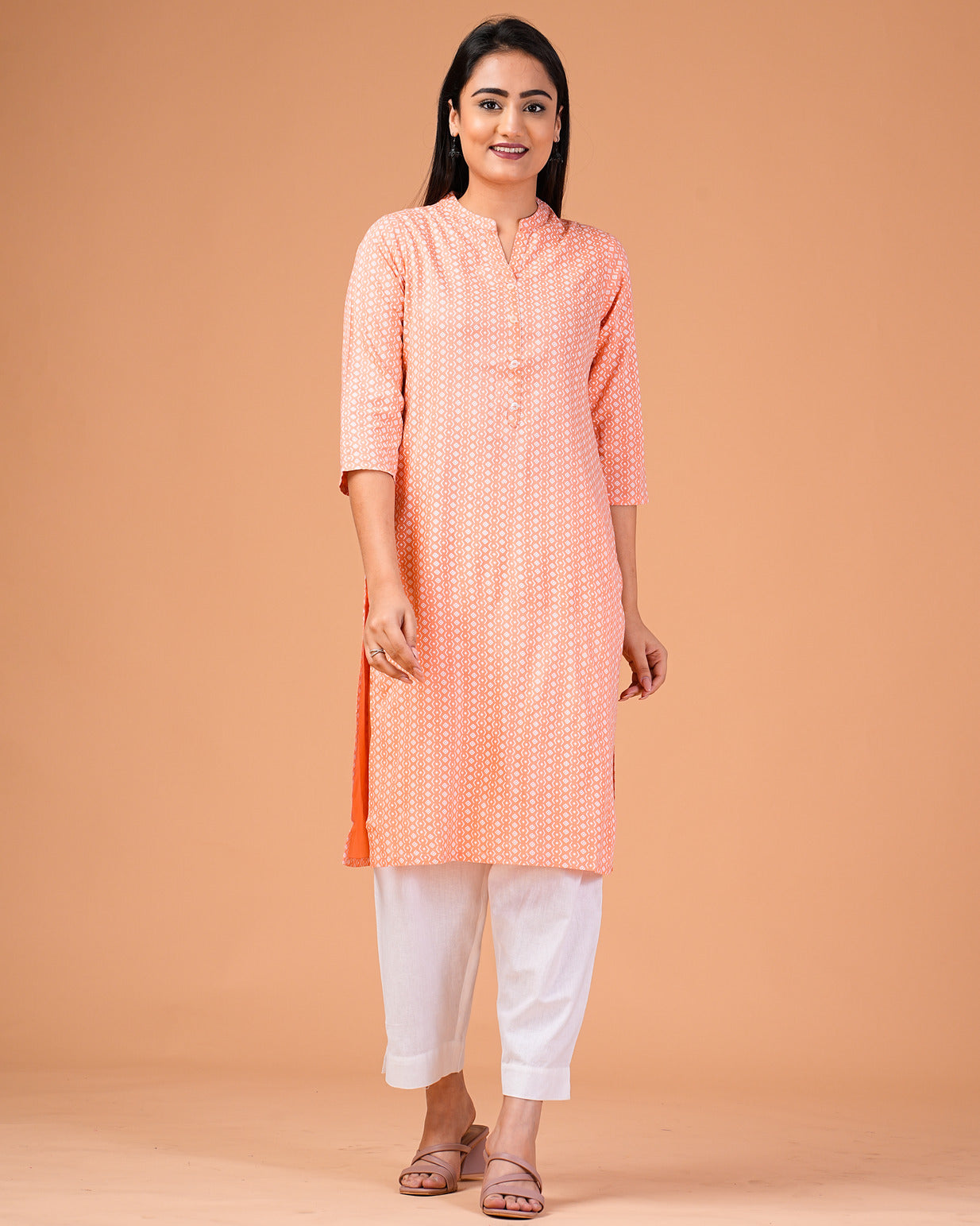 Orange Printed Rayon Kurti