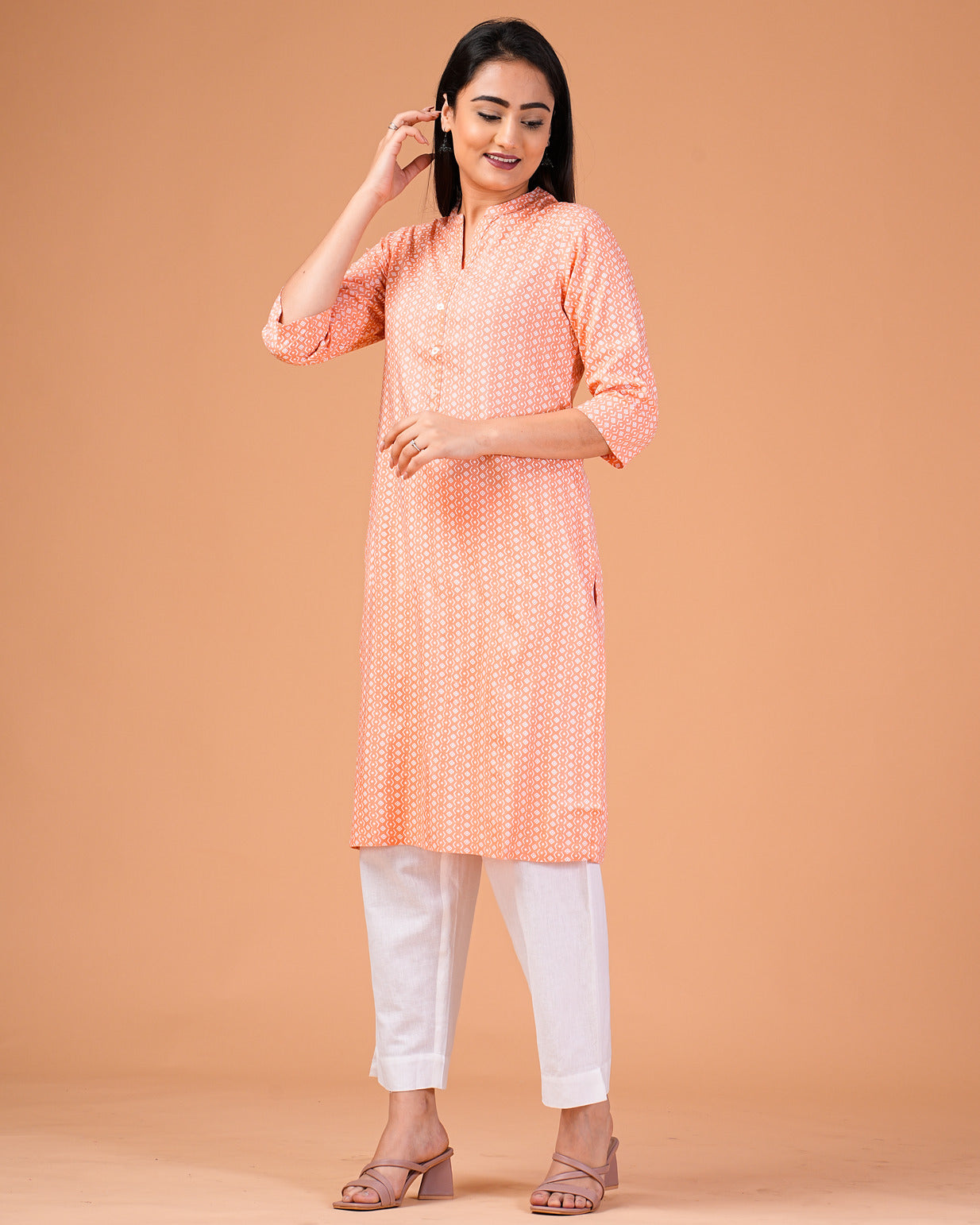 Orange Printed Rayon Kurti