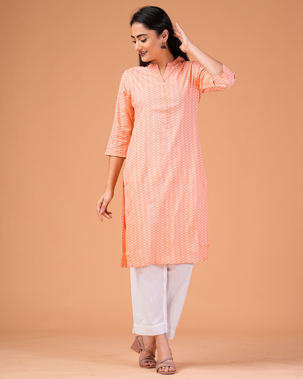 Orange Printed Rayon Kurti