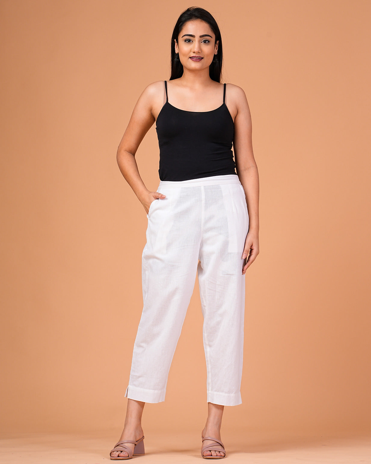 White Cotton Regular Fit Straight Pant