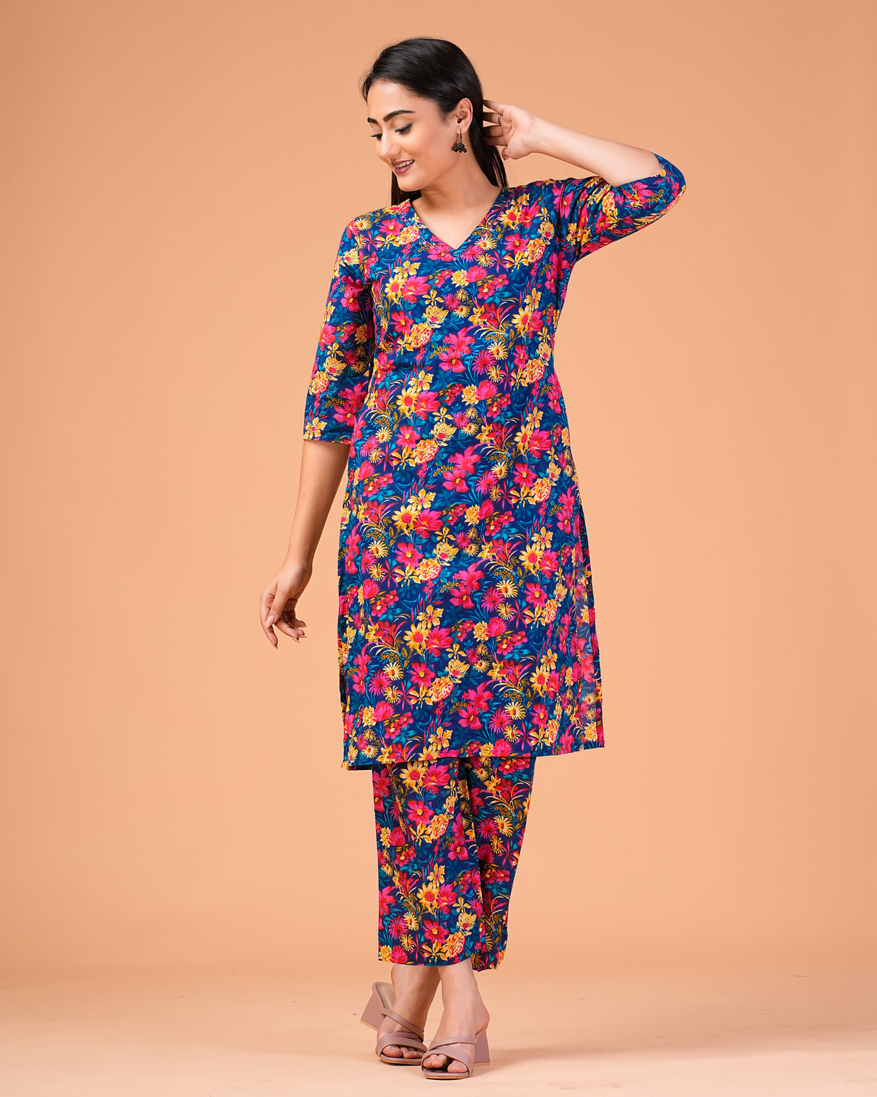 Blue Floral Printed Cotton Kurti Set