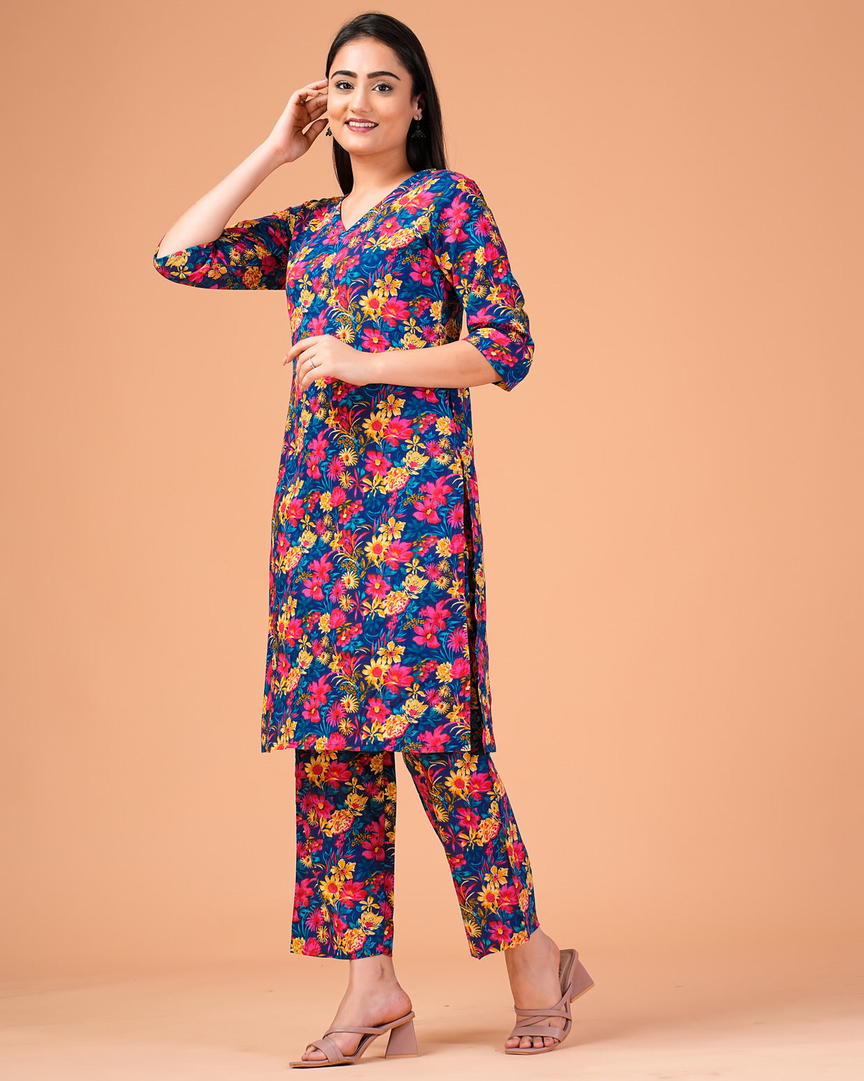 Blue Floral Printed Cotton Kurti Set