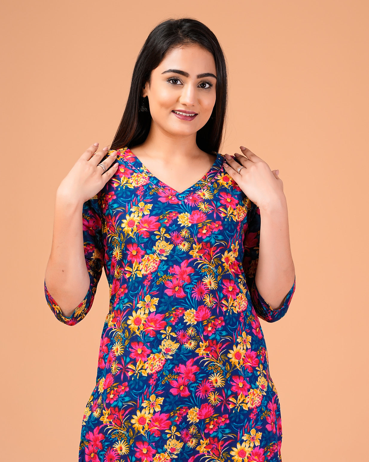 Blue Floral Printed Cotton Kurti Set