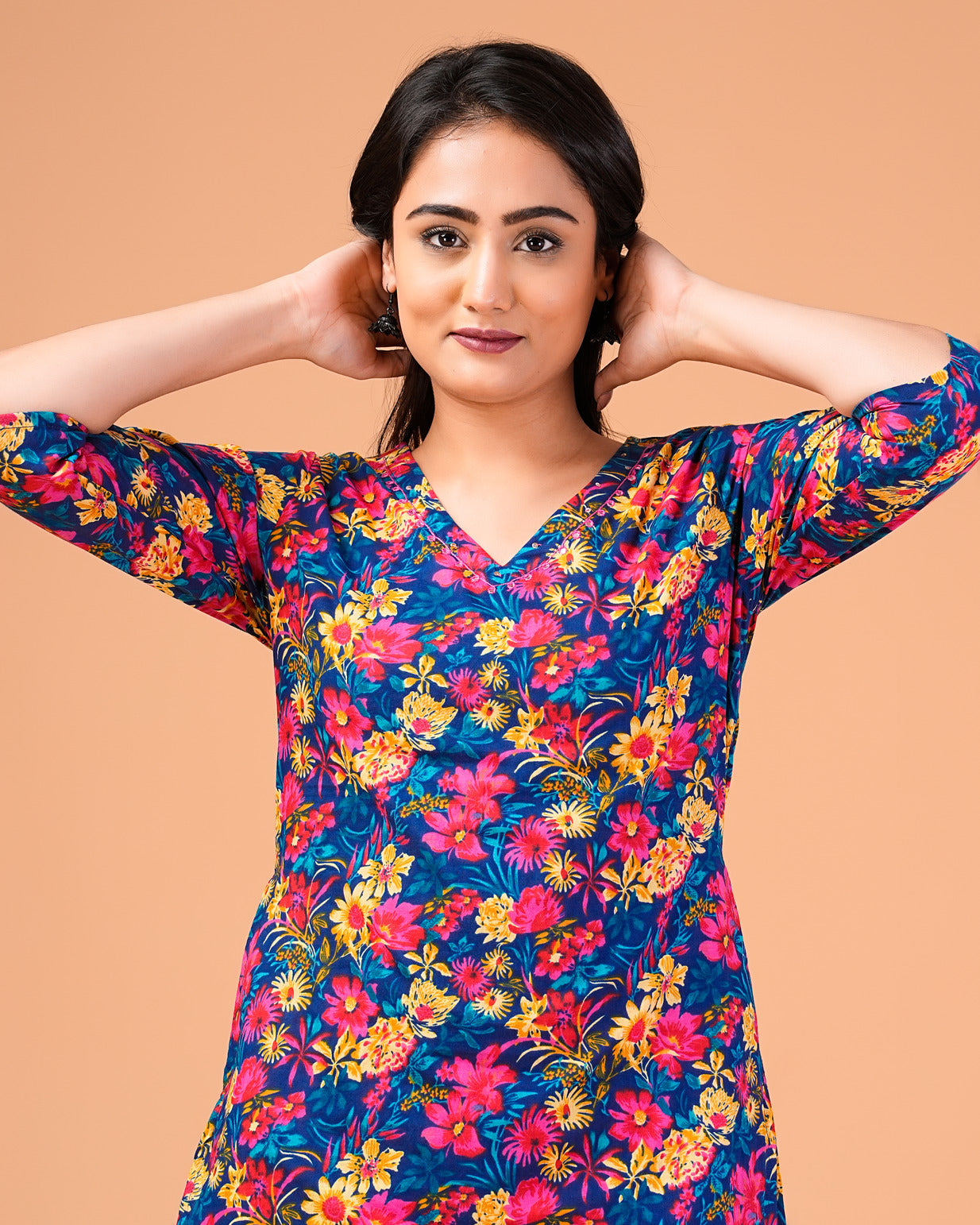 Blue Floral Printed Cotton Kurti Set