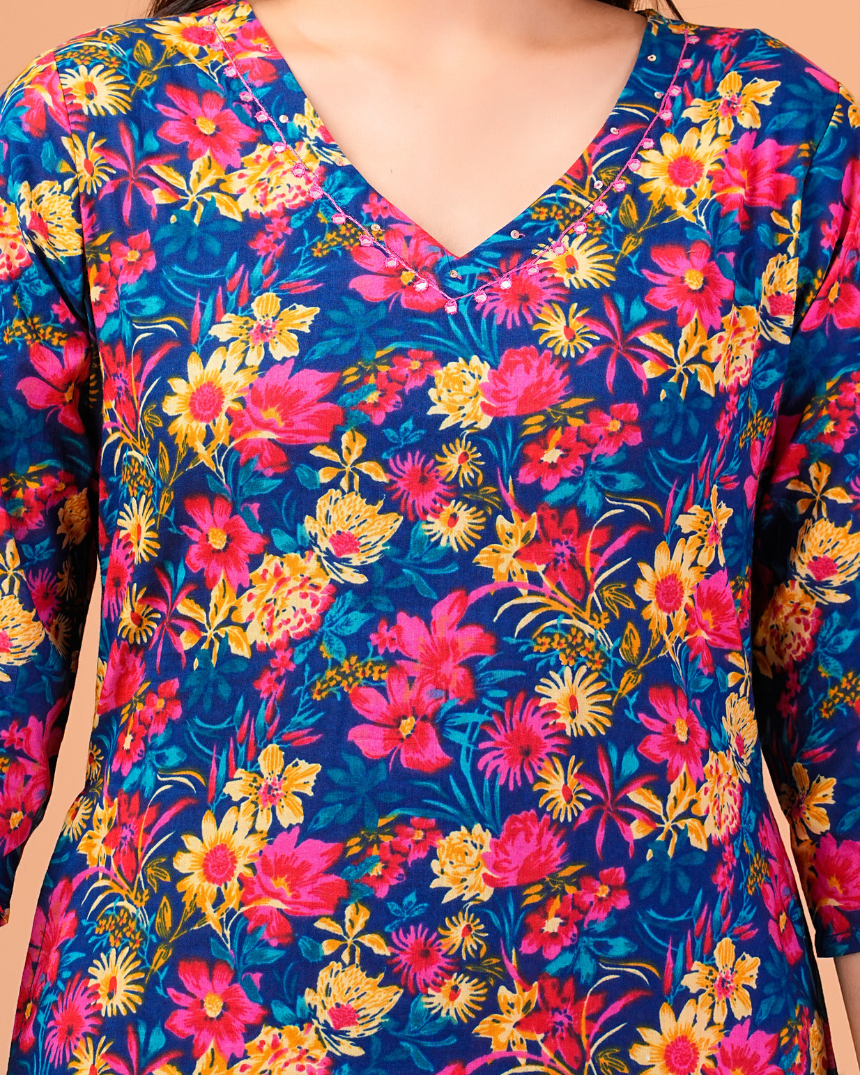 Blue Floral Printed Cotton Kurti Set