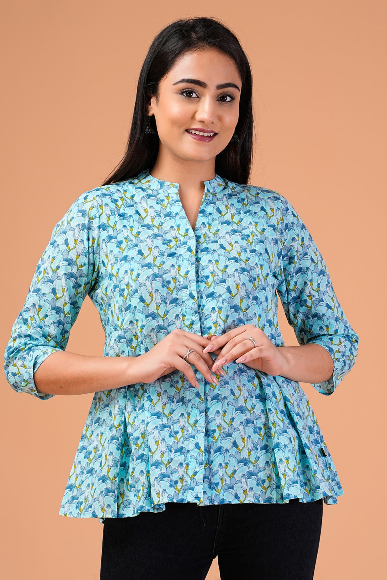 Sky Blue Floral Printed Cotton Top