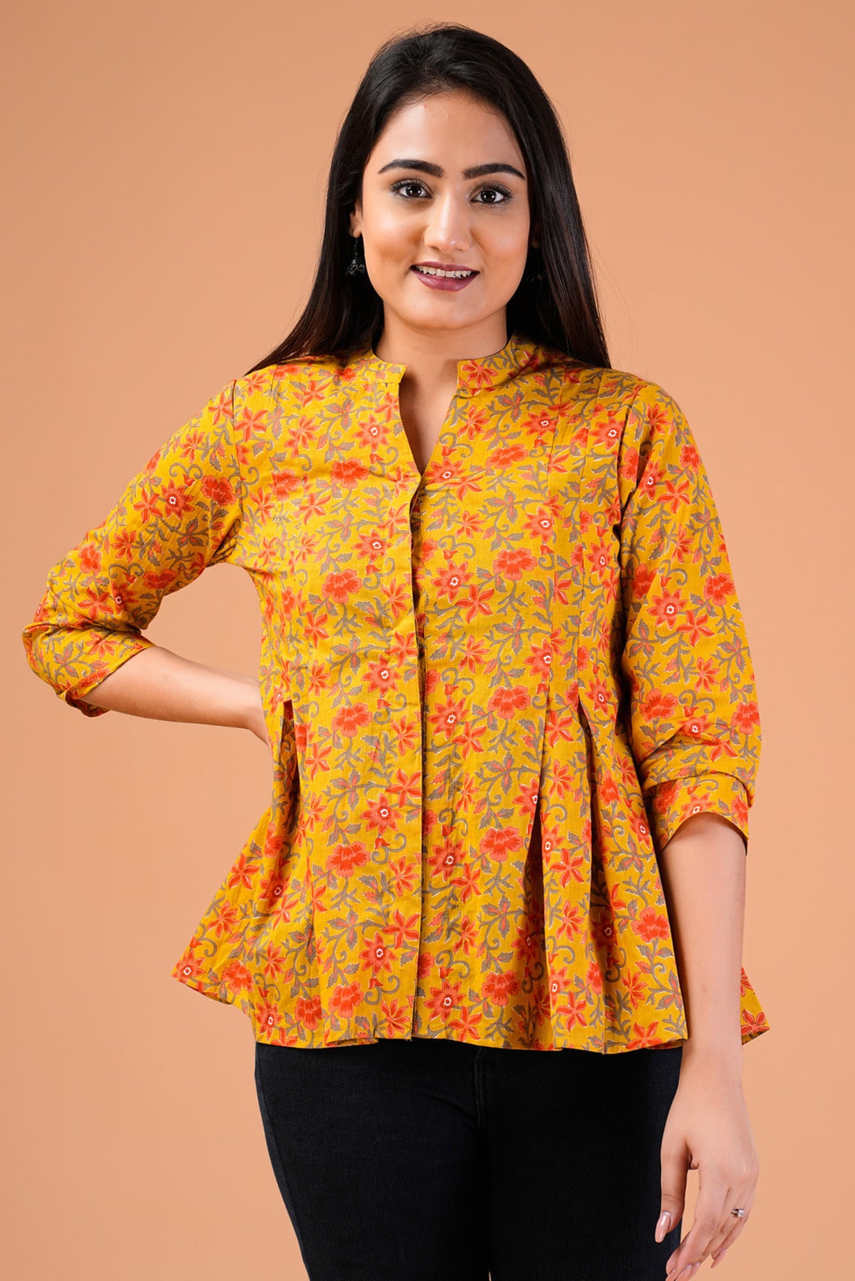 Mustard Floral Printed Cotton Top