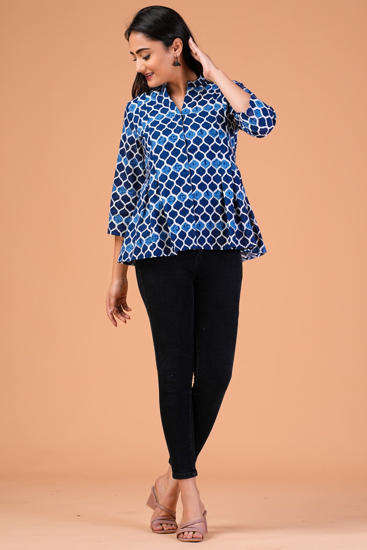Blue Geometric Printed Cotton Top