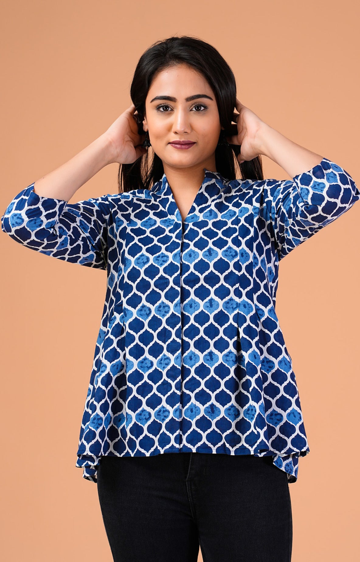 Blue Geometric Printed Cotton Top