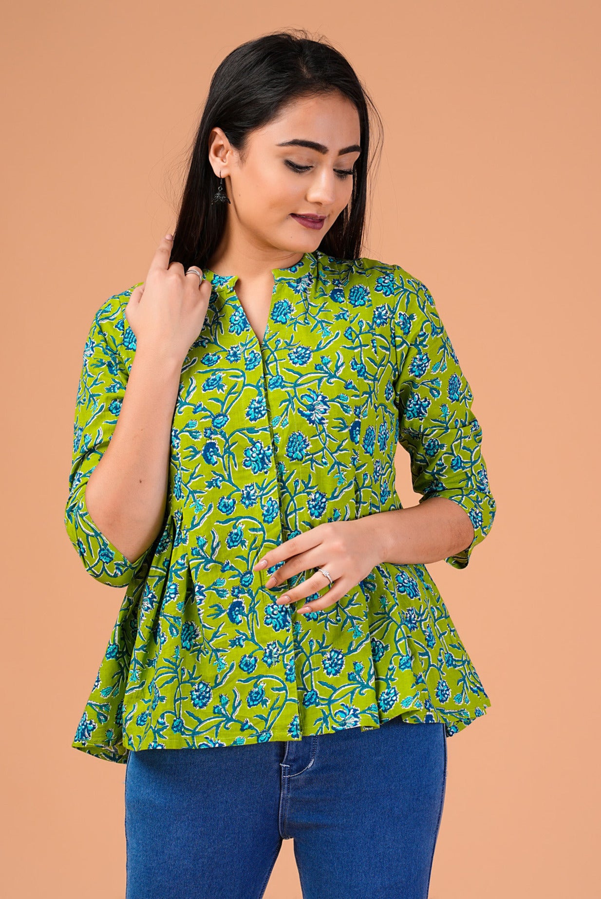 Green Floral Printed Cotton Top