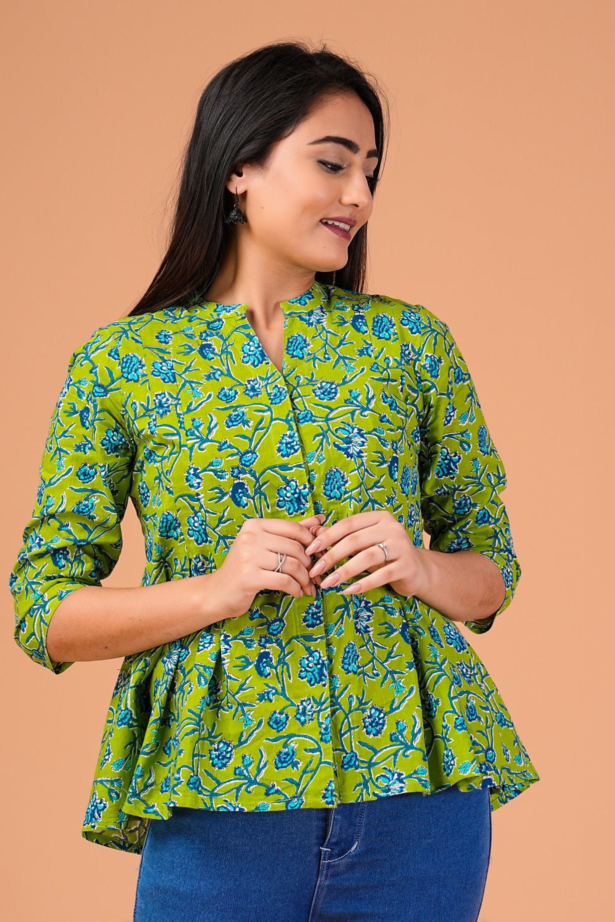 Green Floral Printed Cotton Top
