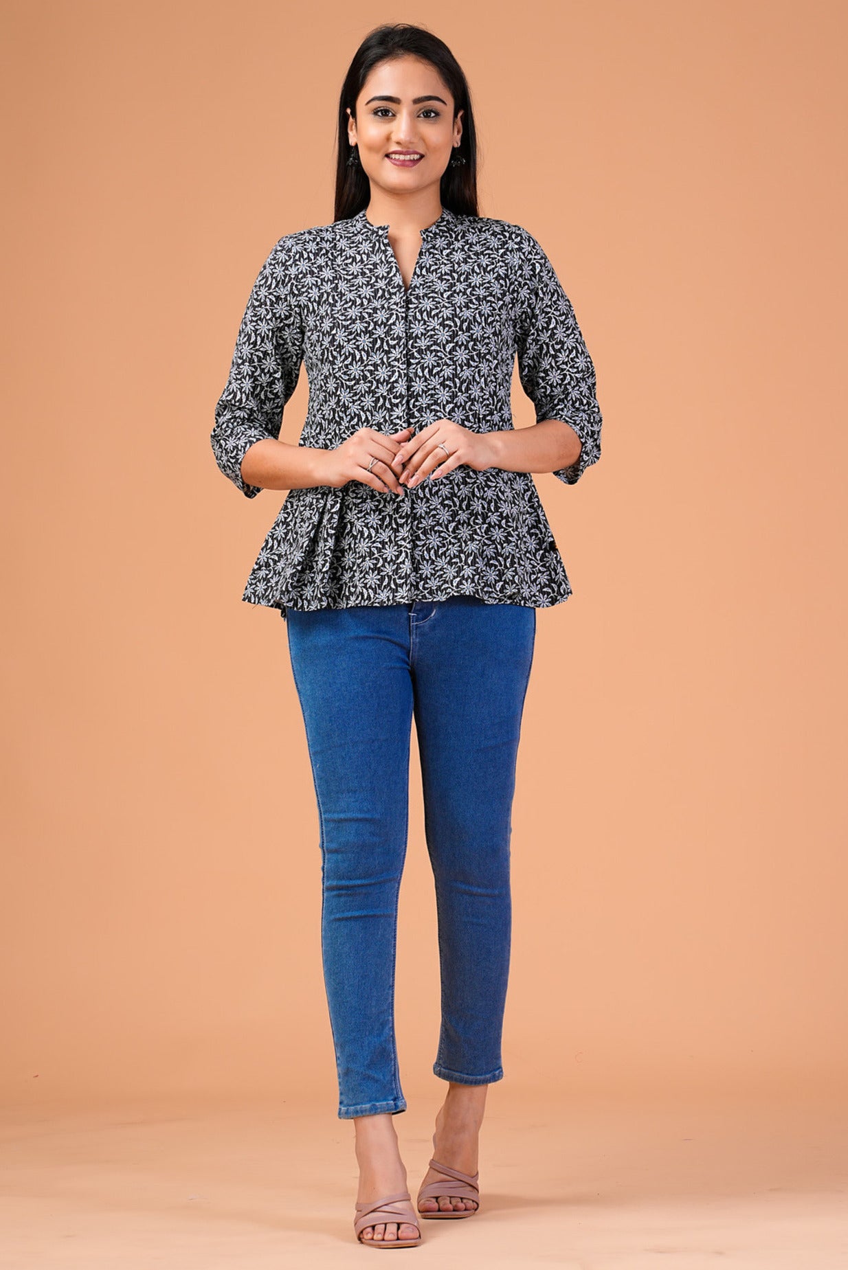 Black Floral Printed Cotton Top
