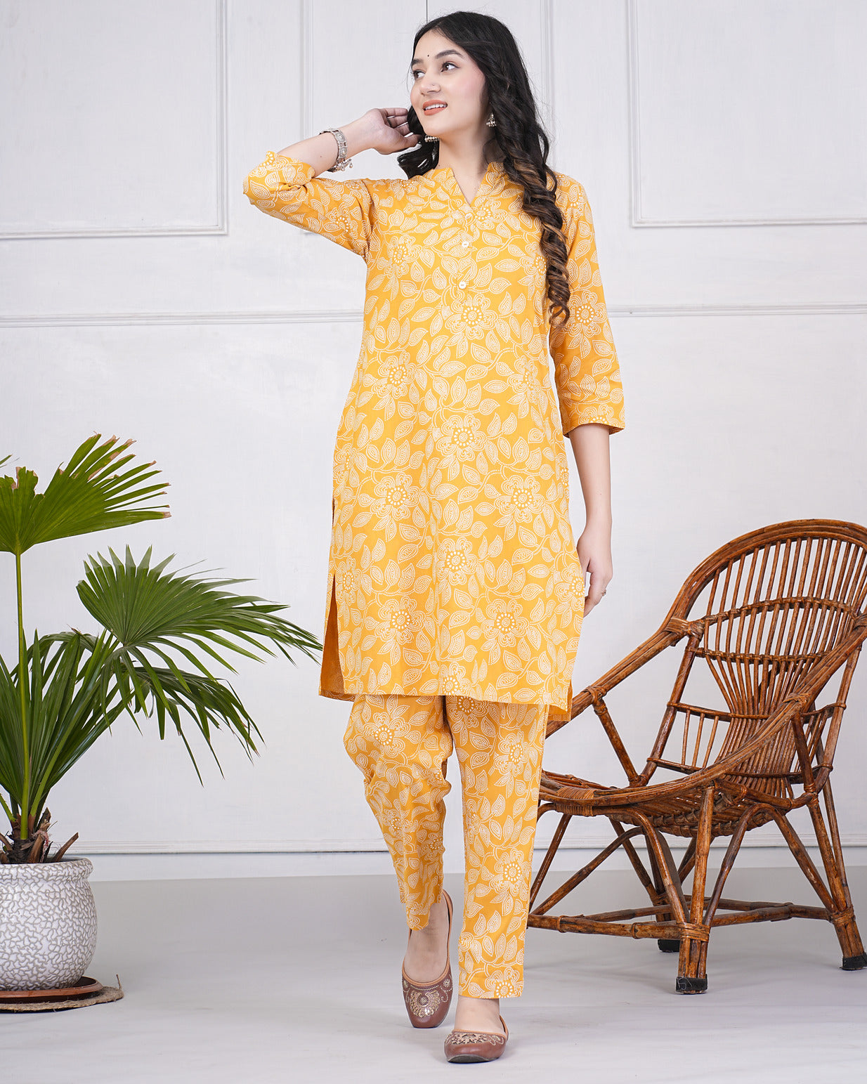 Mustard With Block Printed Rayon Kurti Set