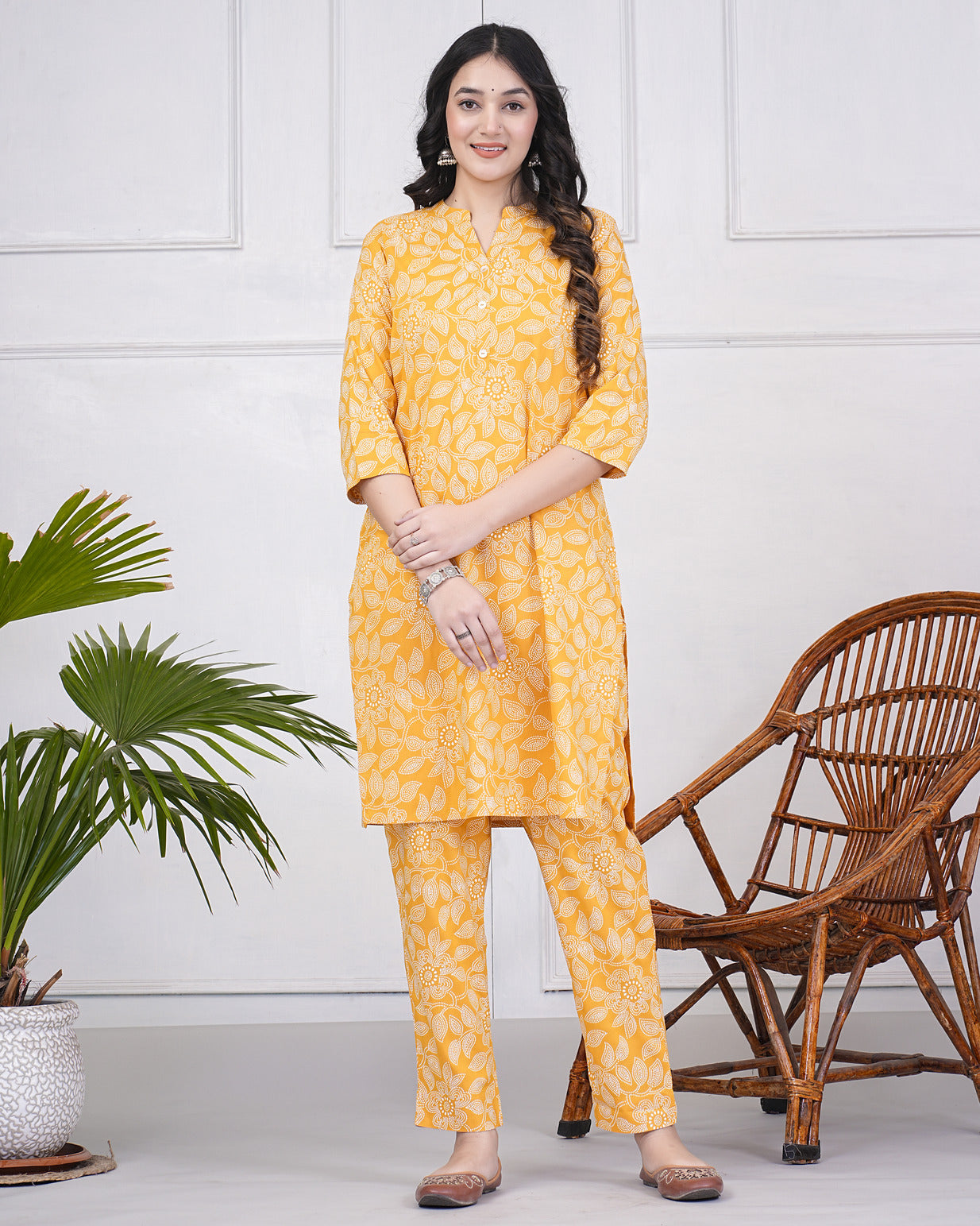 Mustard With Block Printed Rayon Kurti Set