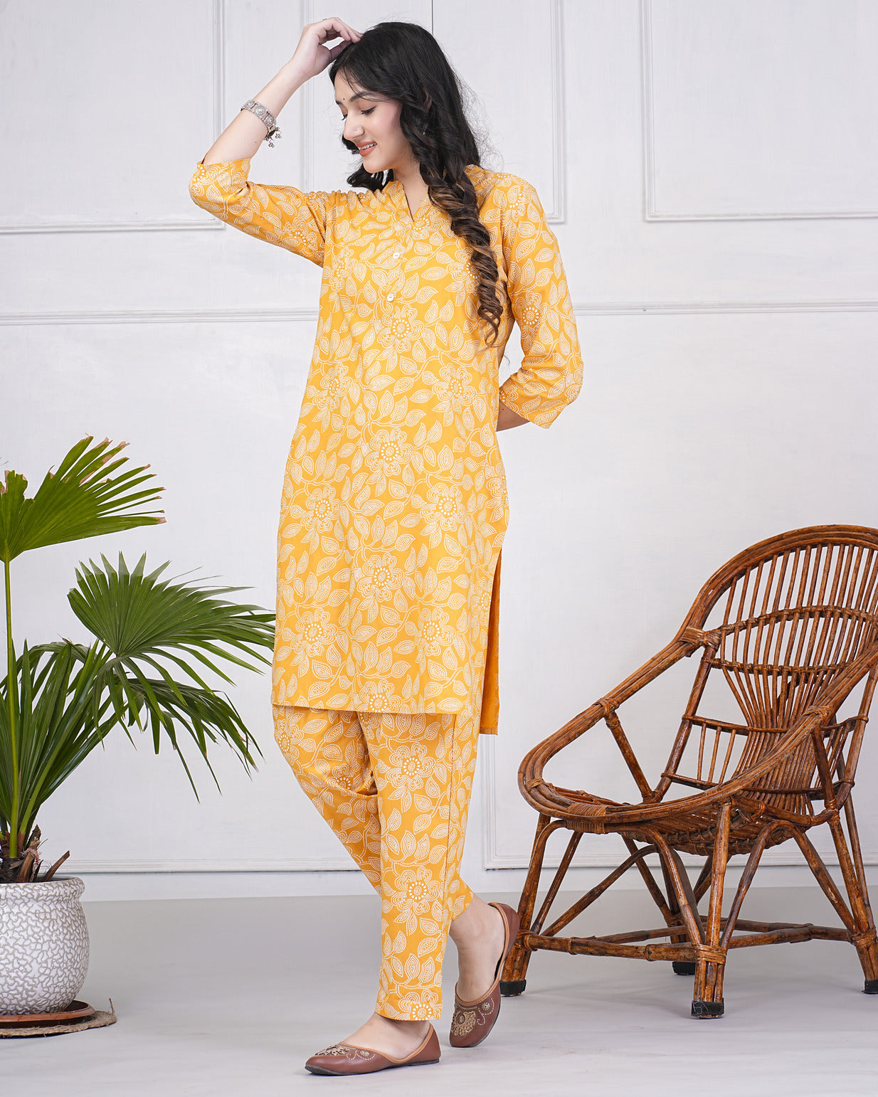 Mustard With Block Printed Rayon Kurti Set