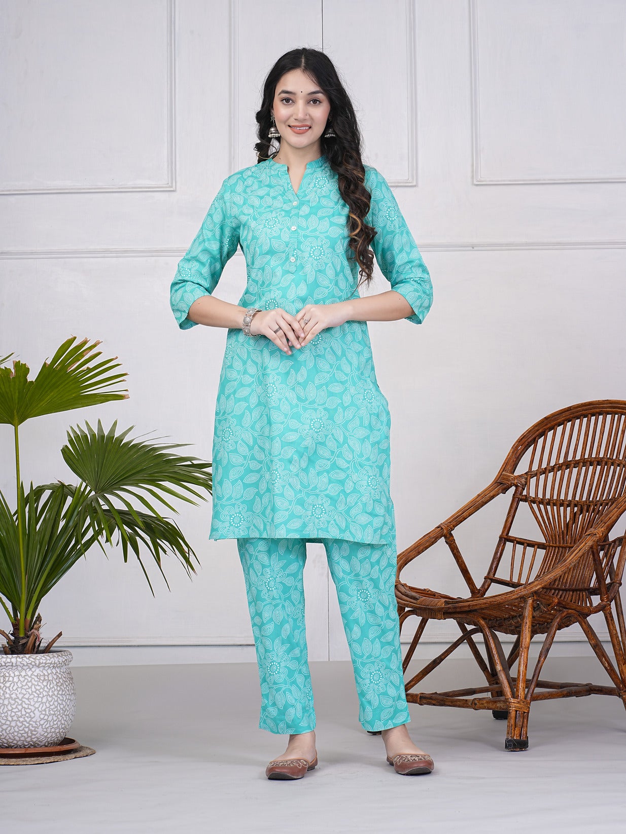 Green With Block Printed Rayon Kurti Set