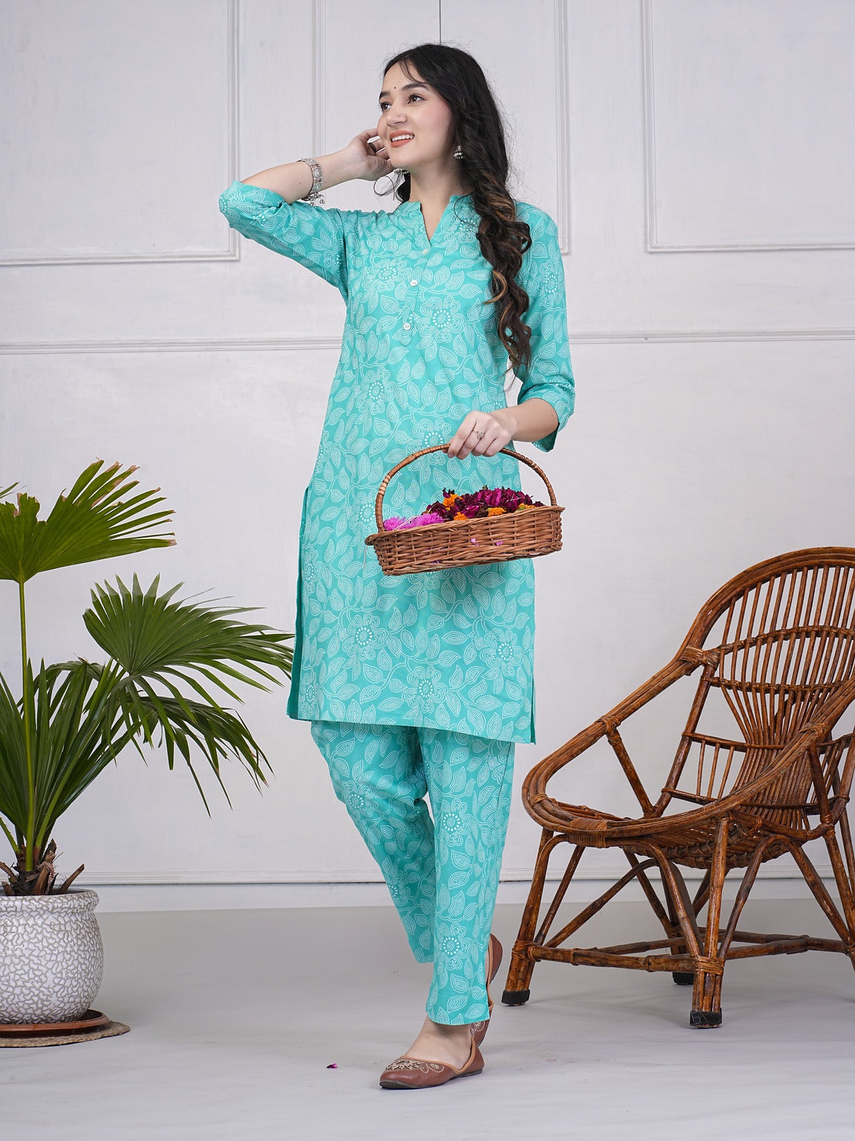 Ocean Green With Block Printed Rayon Kurti Set