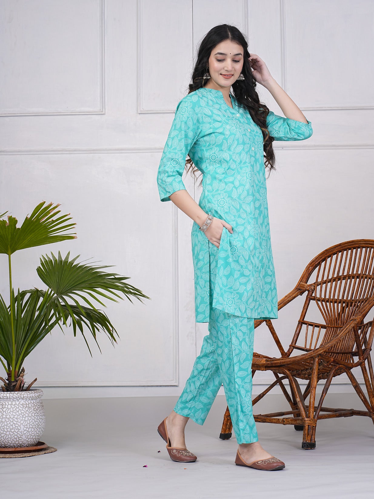 Green With Block Printed Rayon Kurti Set