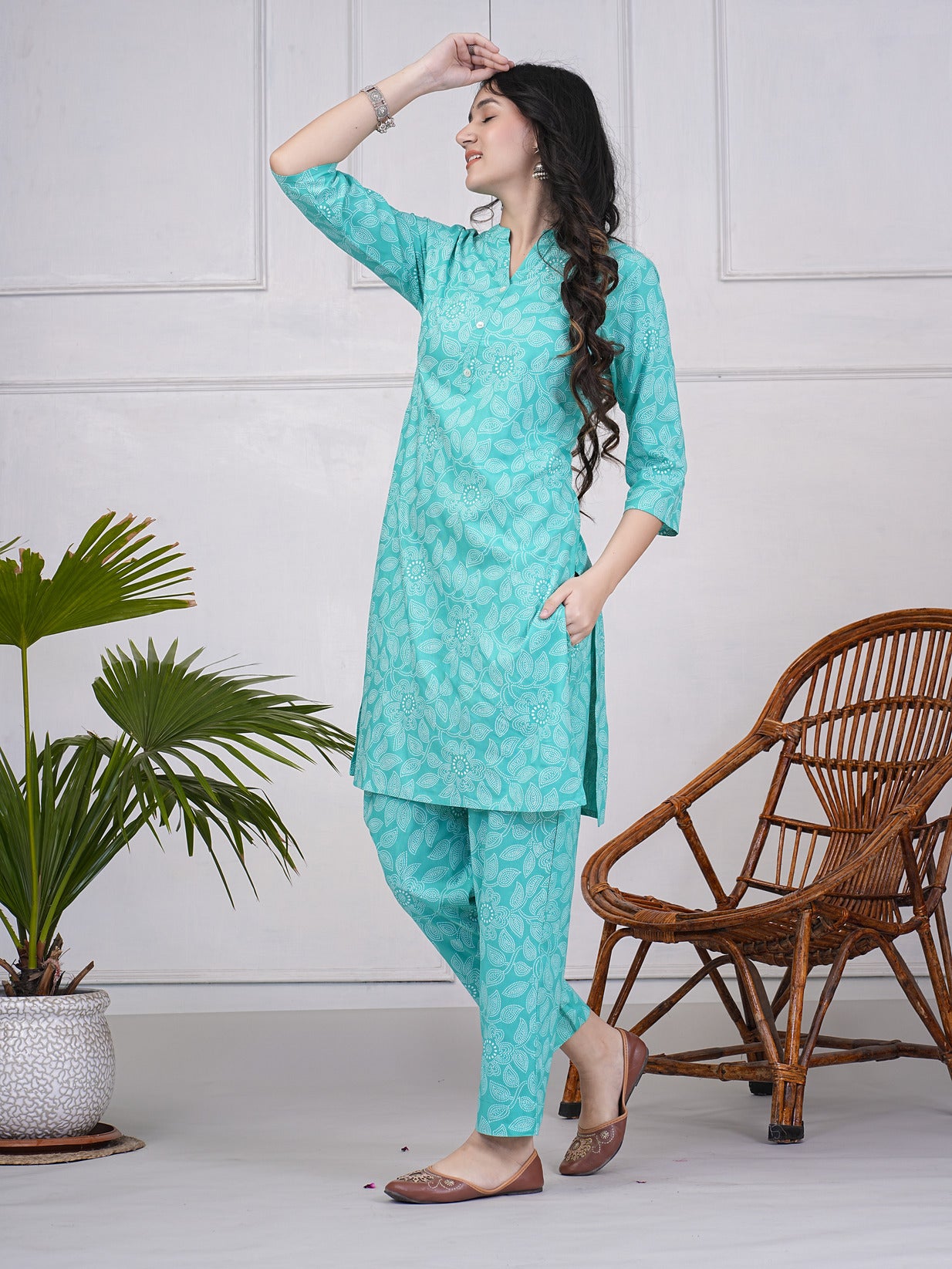 Green With Block Printed Rayon Kurti Set