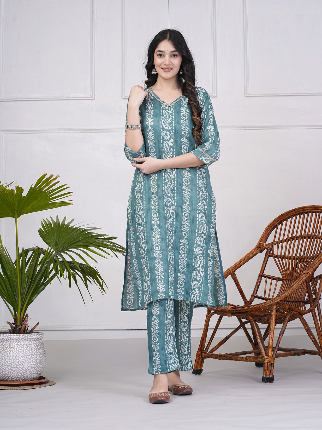 Green With Floral Printed Rayon Fabric Kurti Set